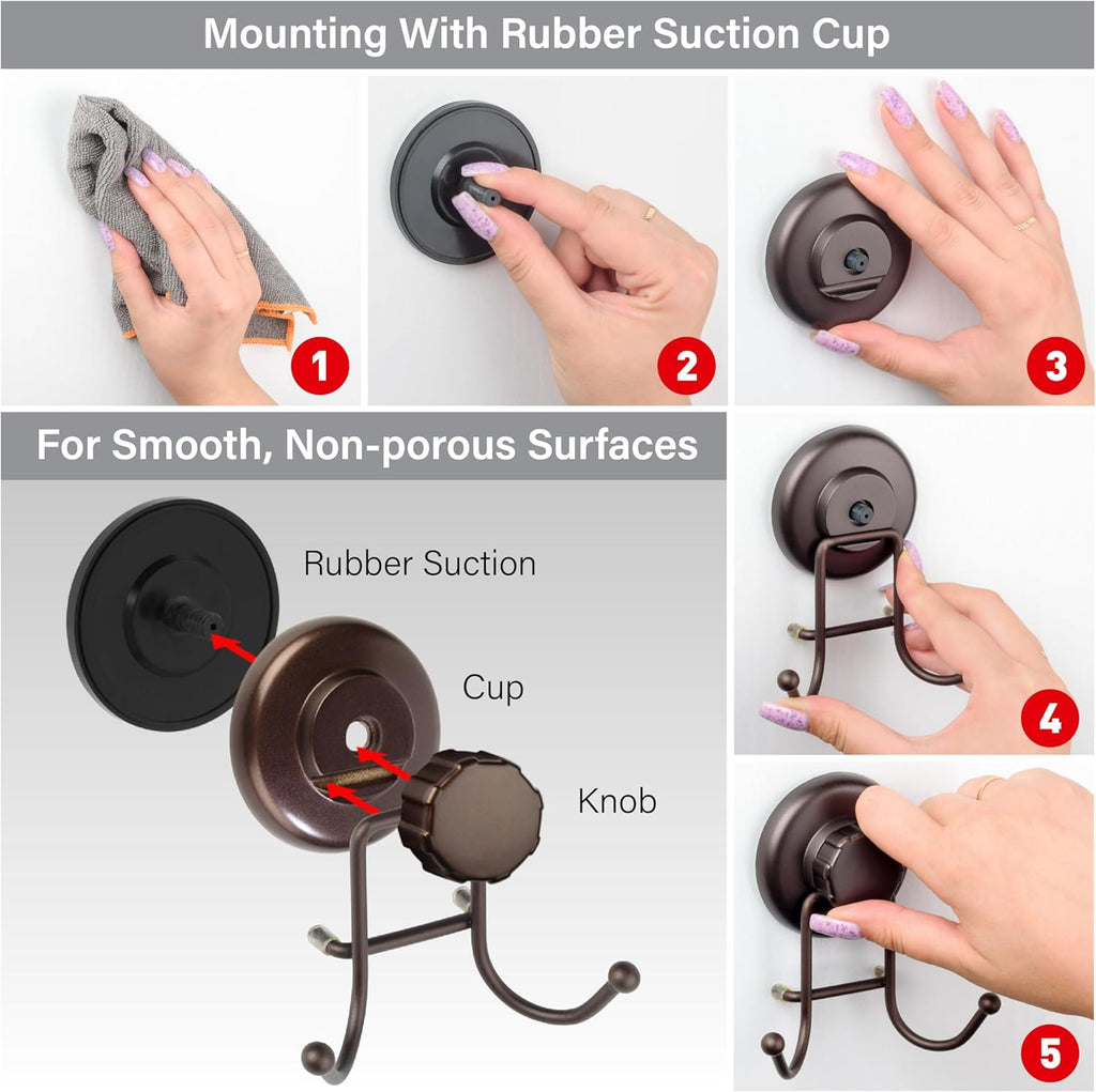 Powerful Vacuum Suction Cup Hooks Heavy Duty Organizer for Towel, Bathrobe and Loofah - Shower Hooks for Bathroom & Kitchen - Adhesive 3M Stick Discs, Bronze (2 Pack)