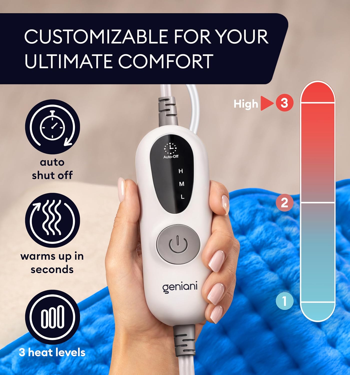 GENIANI Electric Throw Double Sided XL Heating Pad Electric for Lower Back Pain & Period Cramps Relief, Heat Pad with 3 Heat Settings for Neck & Shoulders, Heat Patches (12x24 Electric Blue)