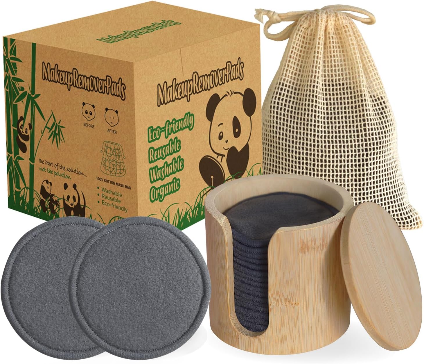 Reusable Cotton Rounds 16Pcs - 100% Natural Bamboo Cotton Pads for Face, Makeup Remover With Laundry Bag and Bamboo Holder (Gray)