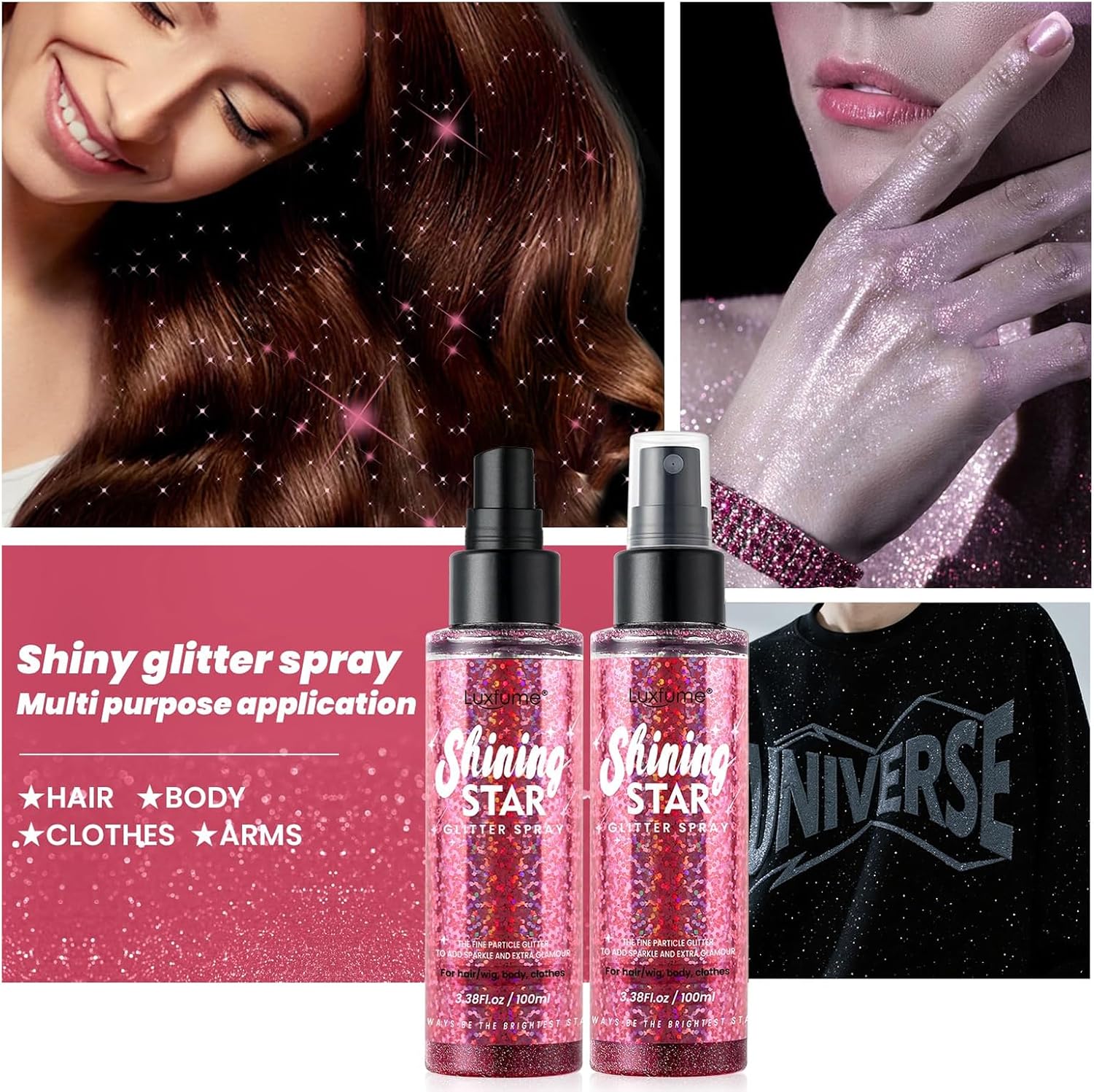 Pink Body Glitter Spray & Glitter Hairspray - Long-Lasting, Ultra-Shiny, Quick-Dry, Waterproof, Non-Clog Nozzle Design for Parties, Dances, Festivals, and Special Events