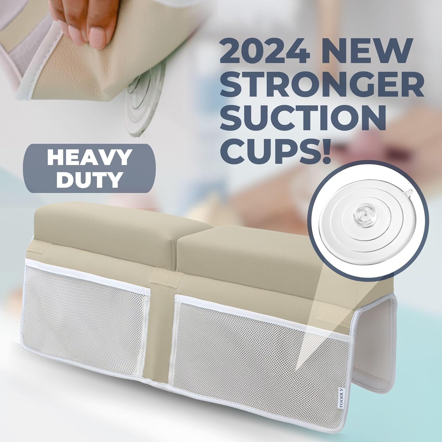 Comfortable Baby Bath Kneeler and Elbow Rest Pad Set – Thick Memory Foam Bath Kneeling Pad with Elbow Support – Baby Bathtub Cushion with Toy Organizer for Bathing Infant or Toddler - Beige