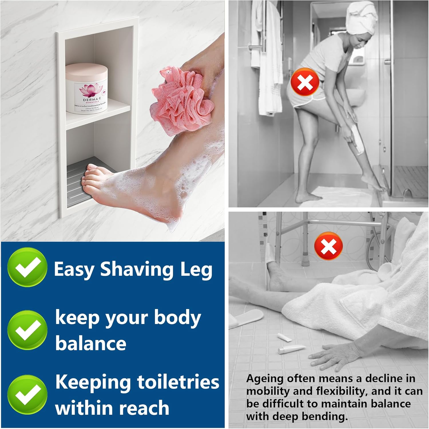 Shower Foot Rest for Shaving Legs, 304 Stainless Steel Footrest Niche with Shaving Holder, Recessed Shower Niche for Shaving Legs, Matte White, 5.9" X 12.3"