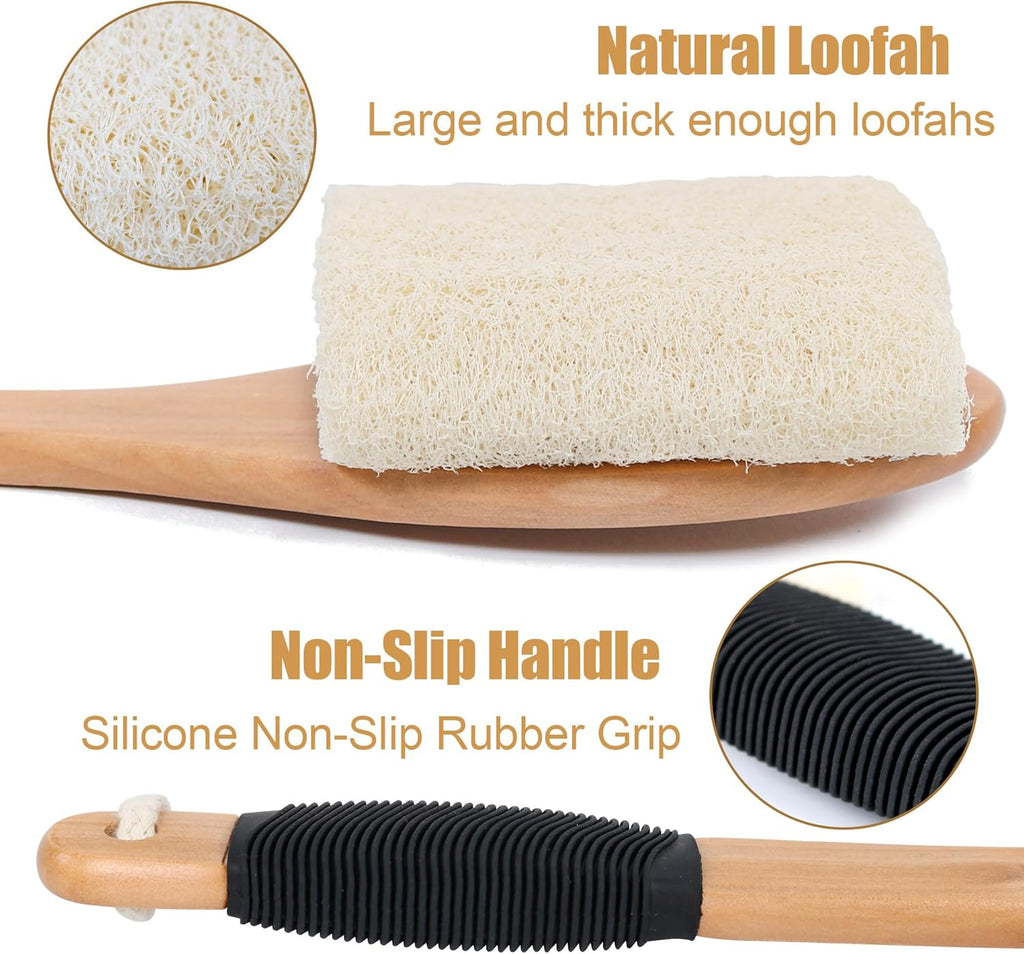OWIIZI Back Loofah Scrubber Brush with Long Handle, Hard Loofa Sponge Body Bath Scrubber for Shower, Natural Luffa Skin Exfoliating On a Stick for Men Women Elder