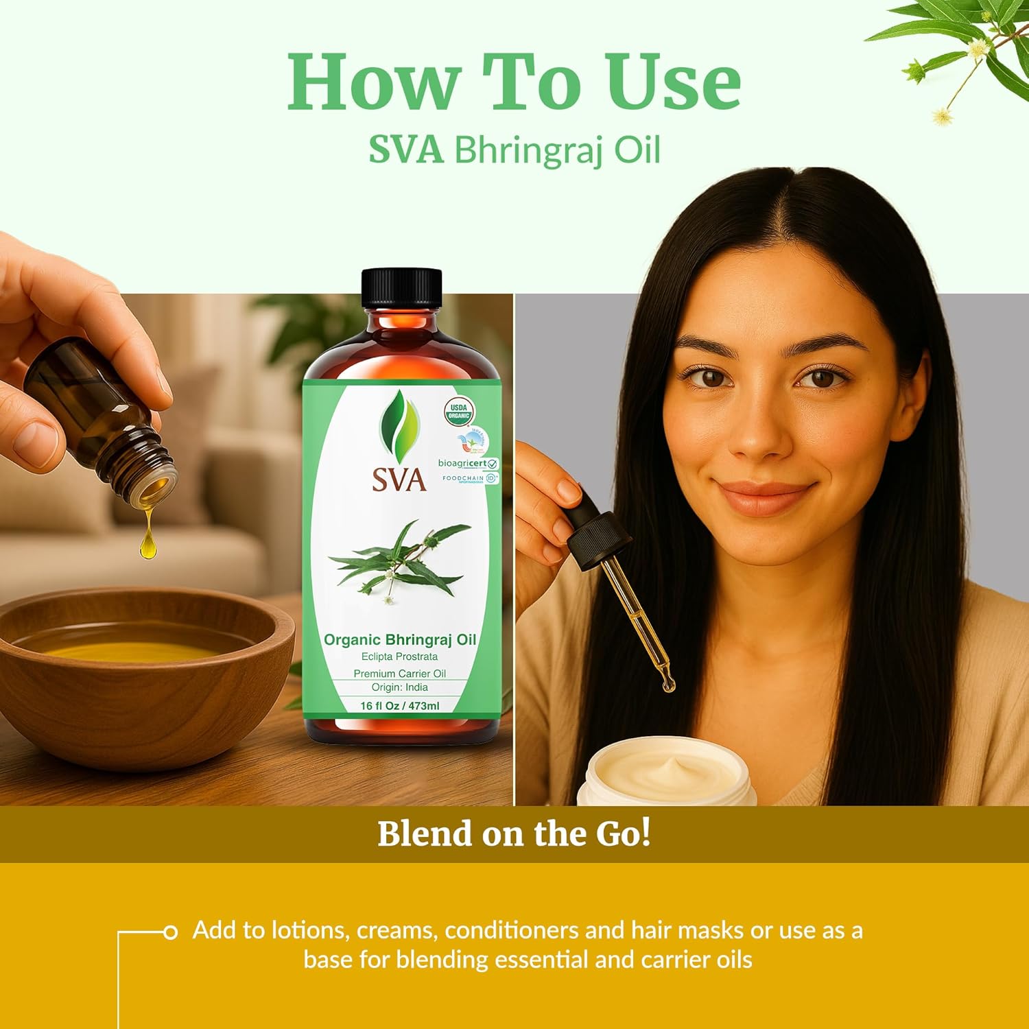 SVA Organic Bhringraj Oil 16oz Premium Carrier Oil For Hair Care, Hair Oiling, Scalp Massage, & Skin Care