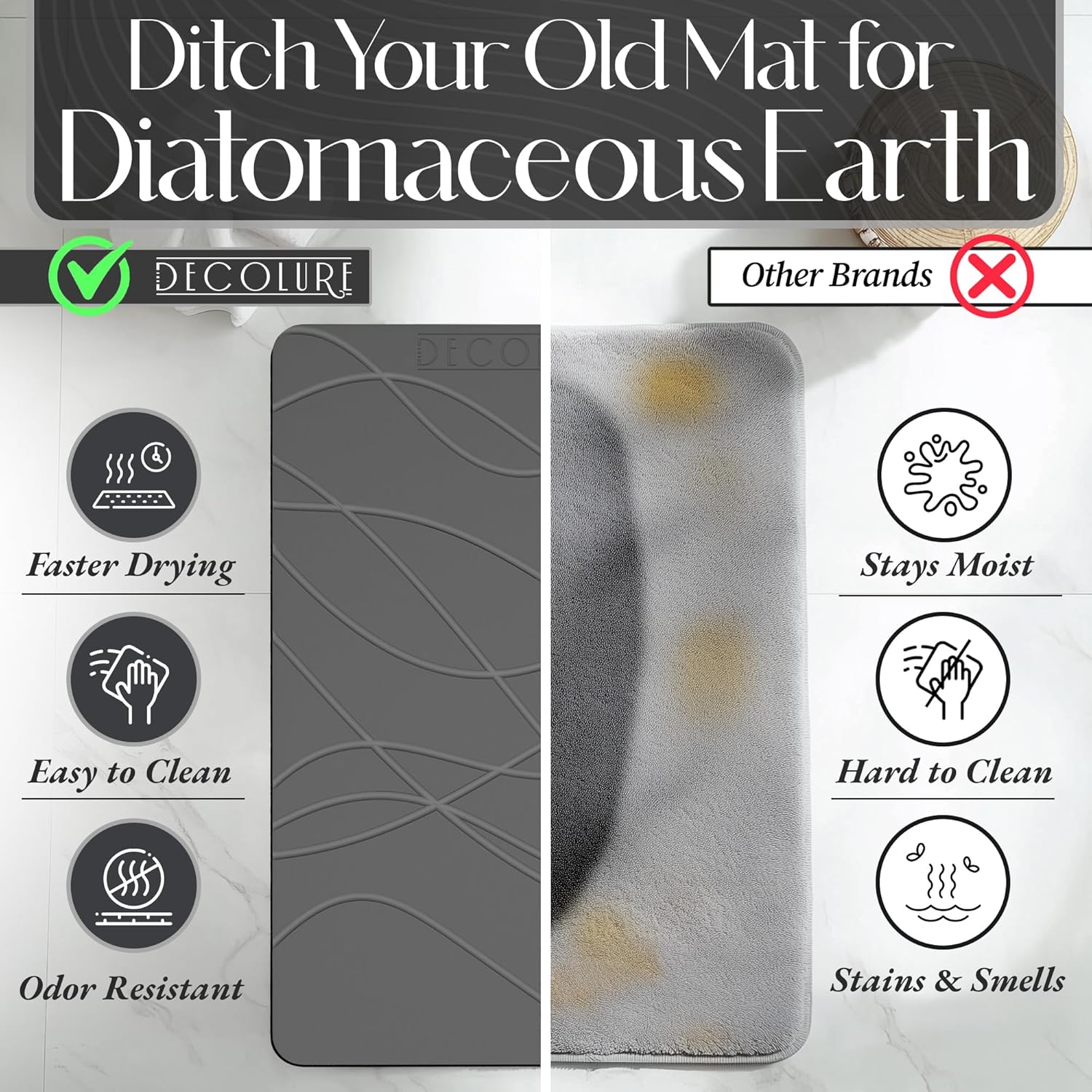 DECOLURE Stone Bath Mat Large, Quick Dry & Non-Slip Diatomaceous Earth Shower Mat for Bathroom, Luxurious & Easy to Clean Diatomite Stone Mat for Bathroom, Kitchen, High Density (Large, Grey)