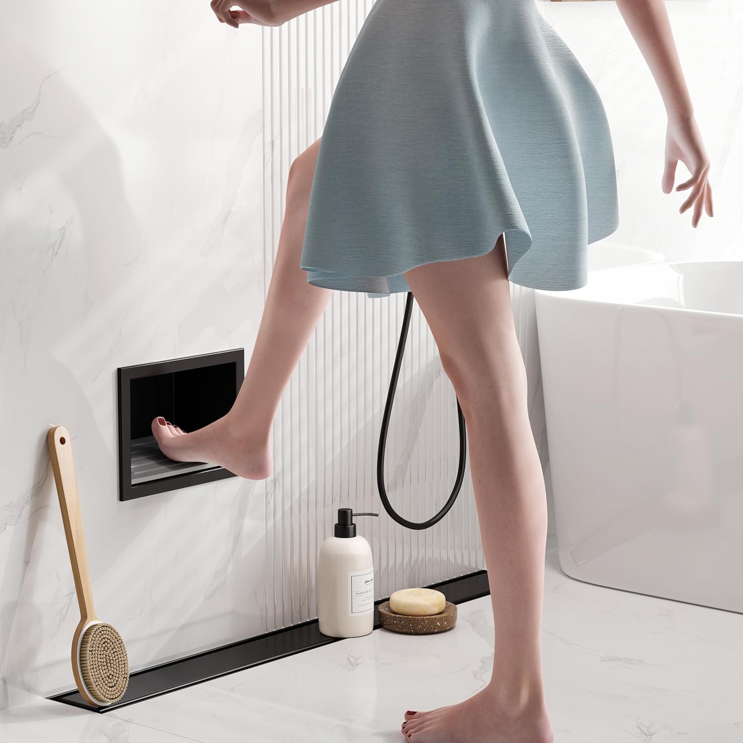 Shower Foot Rest for Shaving Legs, 304 Stainless Steel Footrest Niche with Shaving Holder, Recessed Shower Niche for Shaving Legs, Matte Black