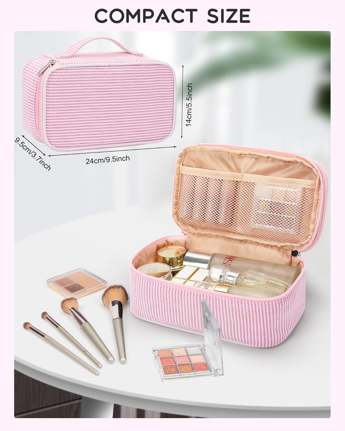 Relavel Cute Makeup Bag for Girls, Portable Pink Cosmetic Bag, Dual-layer Makeup Pouch with Brush Holder, Multi-Functional Preppy Toiletry Organizer for Travel, Daily Use - Pink Strip
