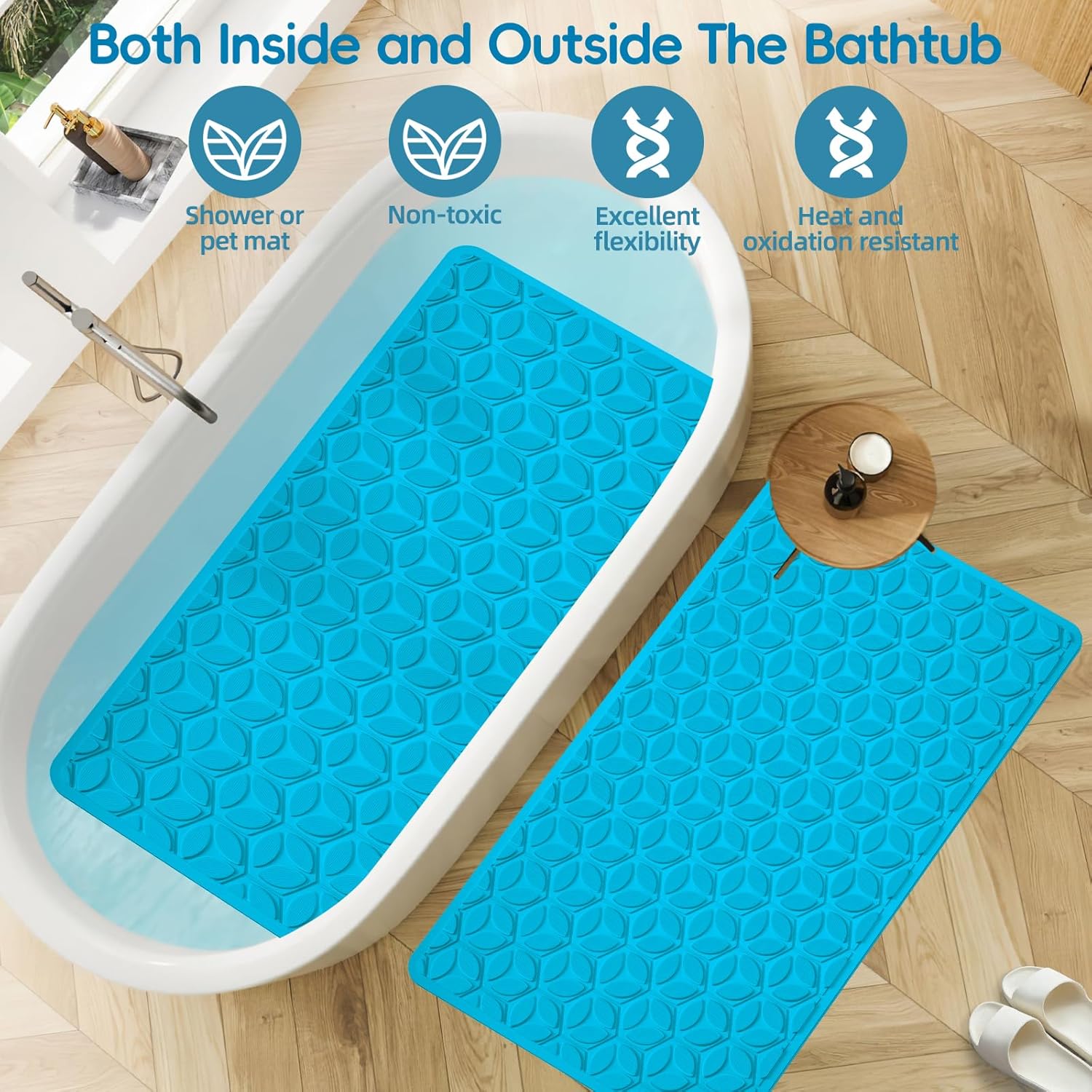 WRISIN Bathtub Mat Non Slip with Suction Cups - 100% Rubber Bathroom Mat Textured for Bath Tub Shower Safety - Soft on Touch - BPA/PVC Free - Pet Dog Bath Mat - Machine Washable - 16 × 28 Inch（R Blue）