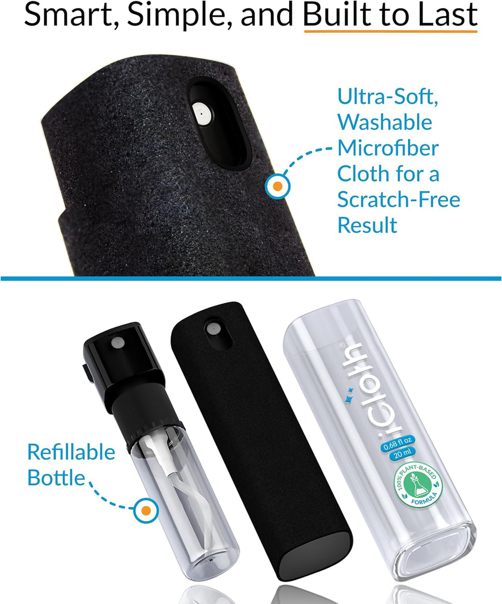 iCloth 2-in-1 Screen Cleaner Spray & Microfiber Cloth for Laptops, Tablets, Phones, Car Screens & Touchscreens, Streak-Free & Anti-Smudge, Large 0.68 fl oz (20ml) Bottle for Extended Use
