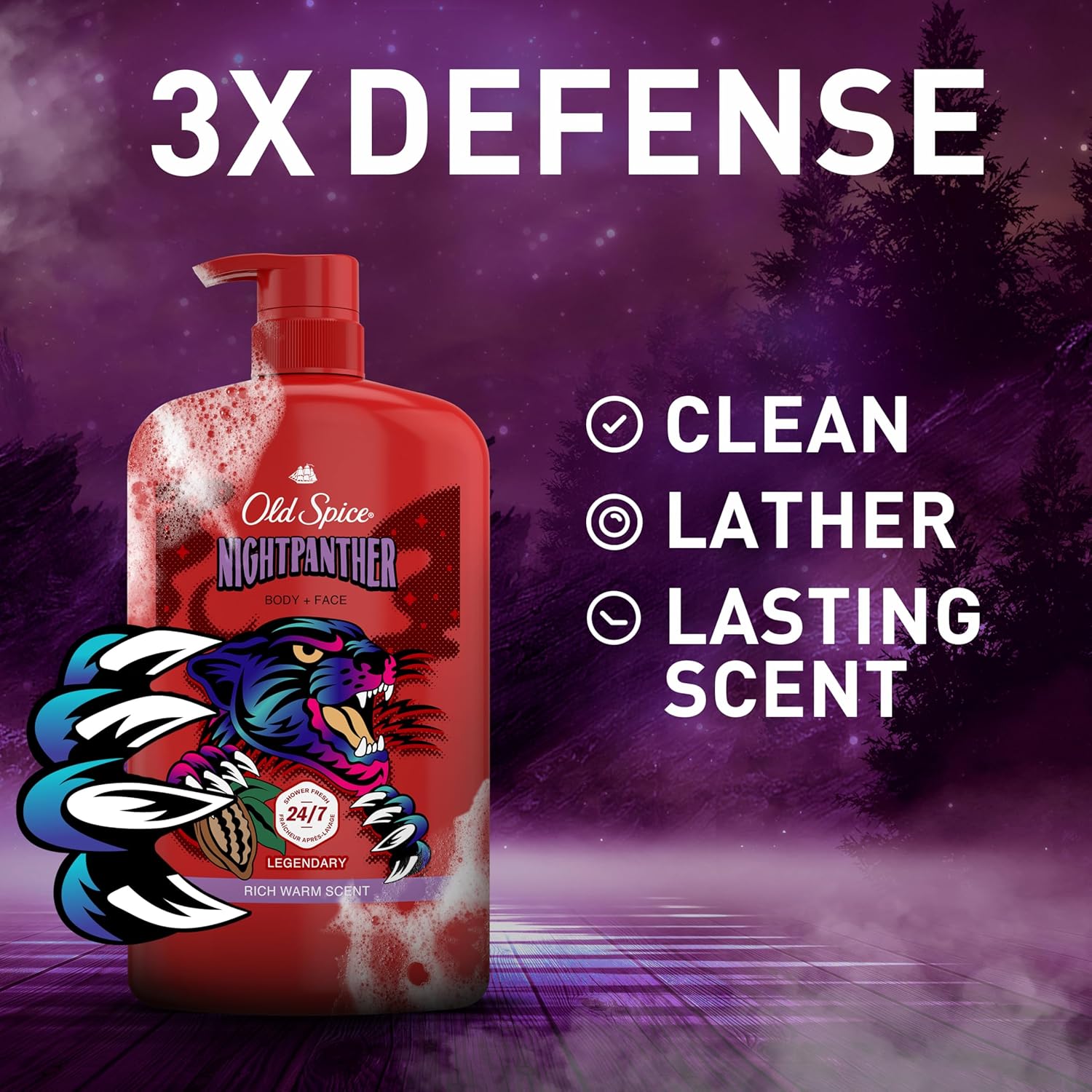 Old Spice Cleansing Body Wash for Men, 3X Defense, 24/7 Shower Fresh with Lasting Scent, 2-in-1 Body & Face Wash, NightPanther with Rich Warm Scent, 33.4 (Pack of 4)