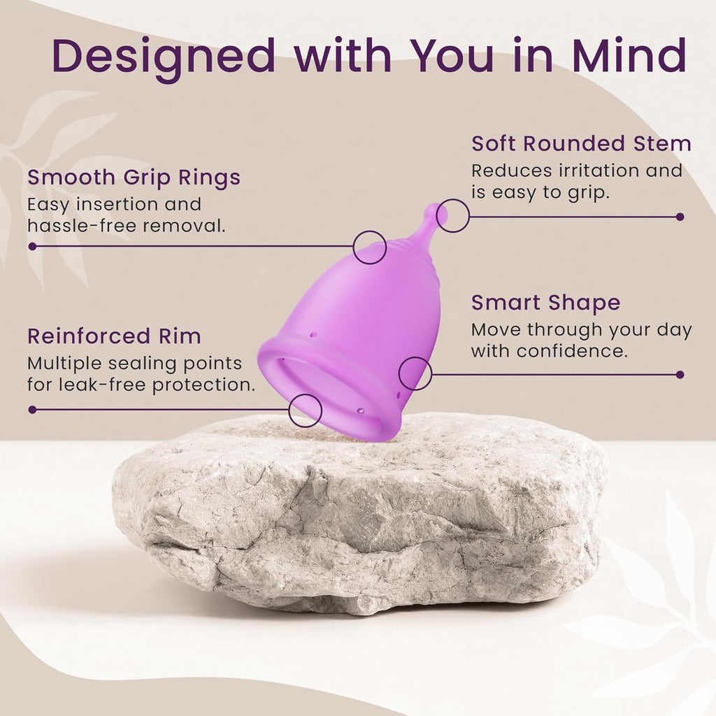 EcoBlossom Reusable Menstrual Cup and Case - The Most Reliable Medical Grade Silicone Period Cups - Comfortably use for 12 Hours (Small/Large (Pack of 2), Round Stem & Case)