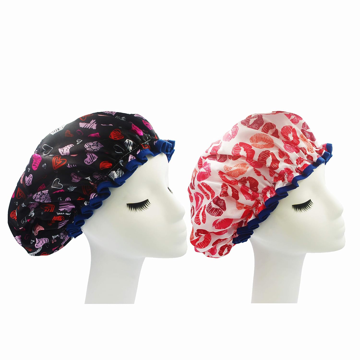 (2 Pack) Sexy Lovely Fashion Style Hair Cap Extra Large Double Layer Lined Waterproof Durable Eco-Friendly Shower Cap with Tight Elastic-Fashionista Collection Bath Cap (Lovely Style)