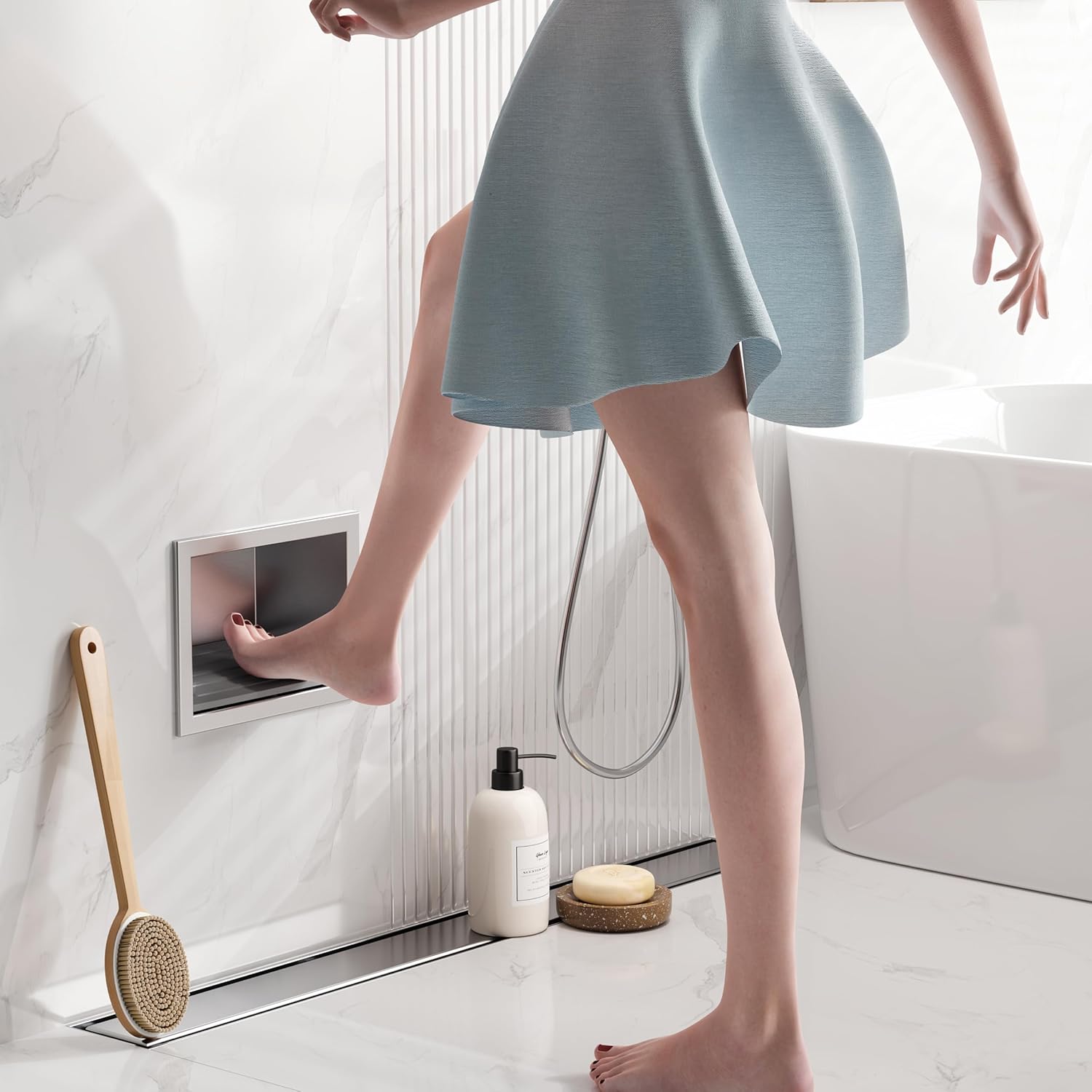 Shower Foot Rest for Shaving Legs, 304 Stainless Steel Footrest Niche with Shaving Holder, Recessed Shower Niche for Shaving Legs, Brushed Nickel