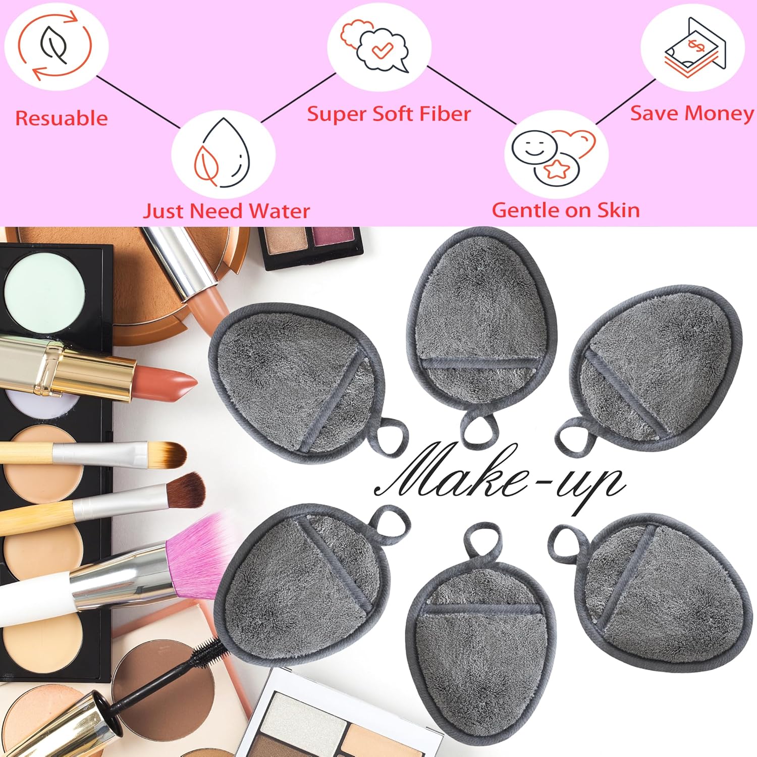 Reusable Makeup Remover Pads Soft Makeup Remover Cloths Washable Facial Makeup Cleansing Pads for Face,Lip,Eyes Grey 12PCS