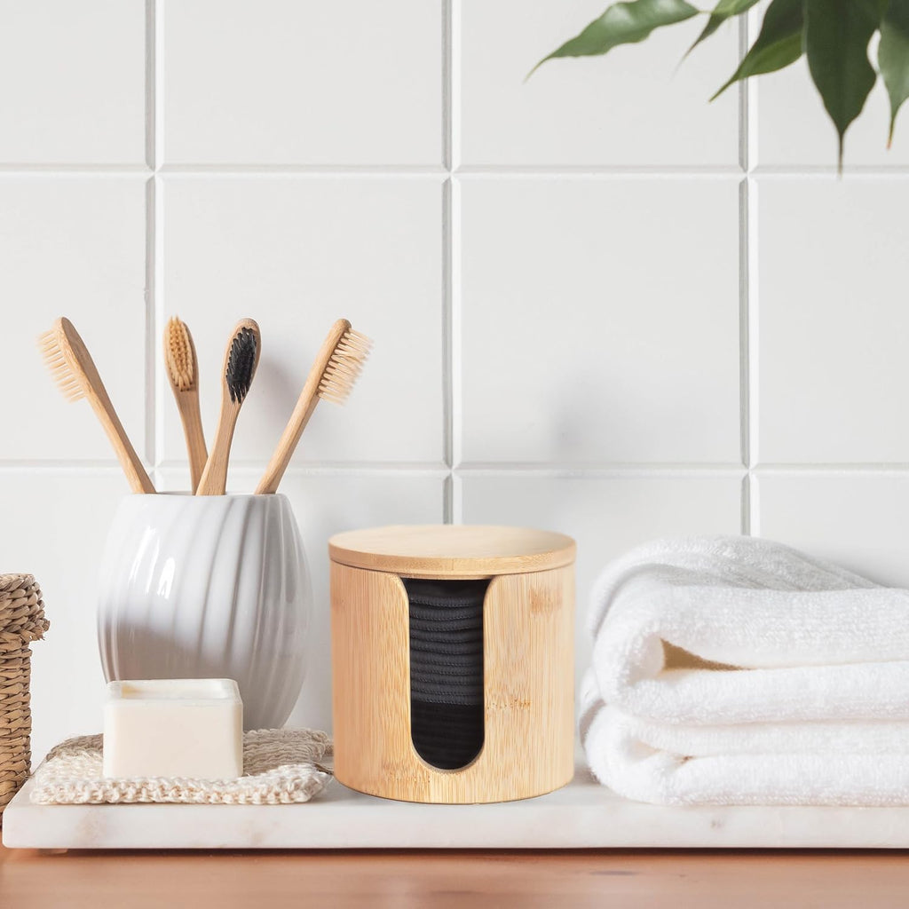 Reusable Bamboo Makeup Remover Pads | 20Pcs Natural Bamboo Reusable Cotton Rounds Makeup Removal Pad| Soft Makeup Remover Set with Bamboo Holder Laundry Bag Headband, Black and Gray