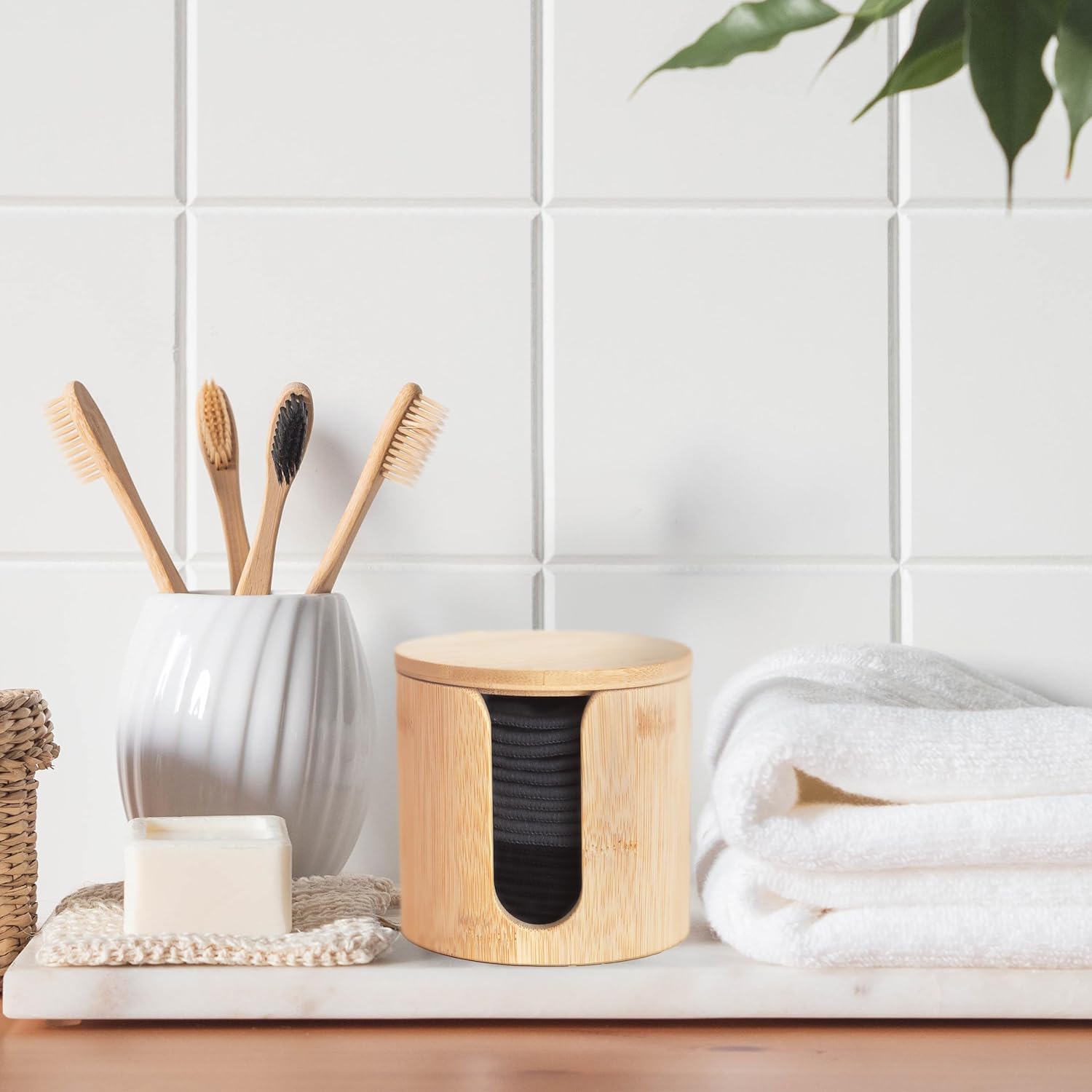 Reusable Bamboo Makeup Remover Pads | 20Pcs Natural Bamboo Reusable Cotton Rounds Makeup Removal Pad| Soft Makeup Remover Set with Bamboo Holder Laundry Bag Headband, Black and Gray