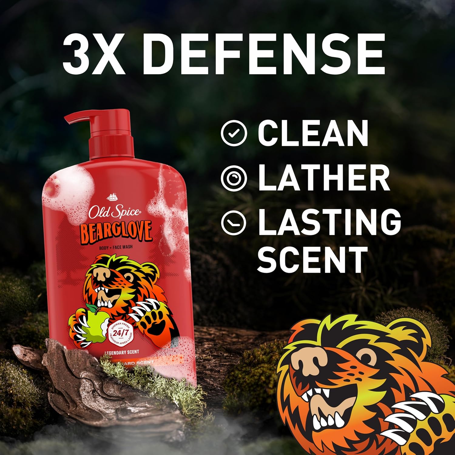 Old Spice Cleansing Body Wash for Men, 3X Defense, 24/7 Shower Fresh with Lasting Scent, 2-in-1 Body & Face Wash, Bearglove with Crisp Orchard Scent, 33.4 (Pack of 4)