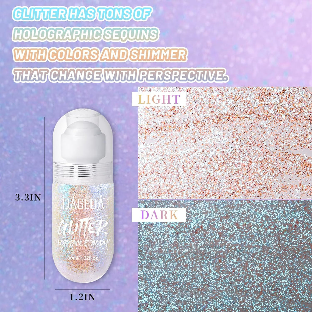 DAGEDA Body Glitter Gel, Roll-on Face Glitter for Mermaid Makeup Festival Rave Accessories, Holographic Hair Glitter Gel,Body Shimmer Halloween Makeup for Rave Party(Fantasy)