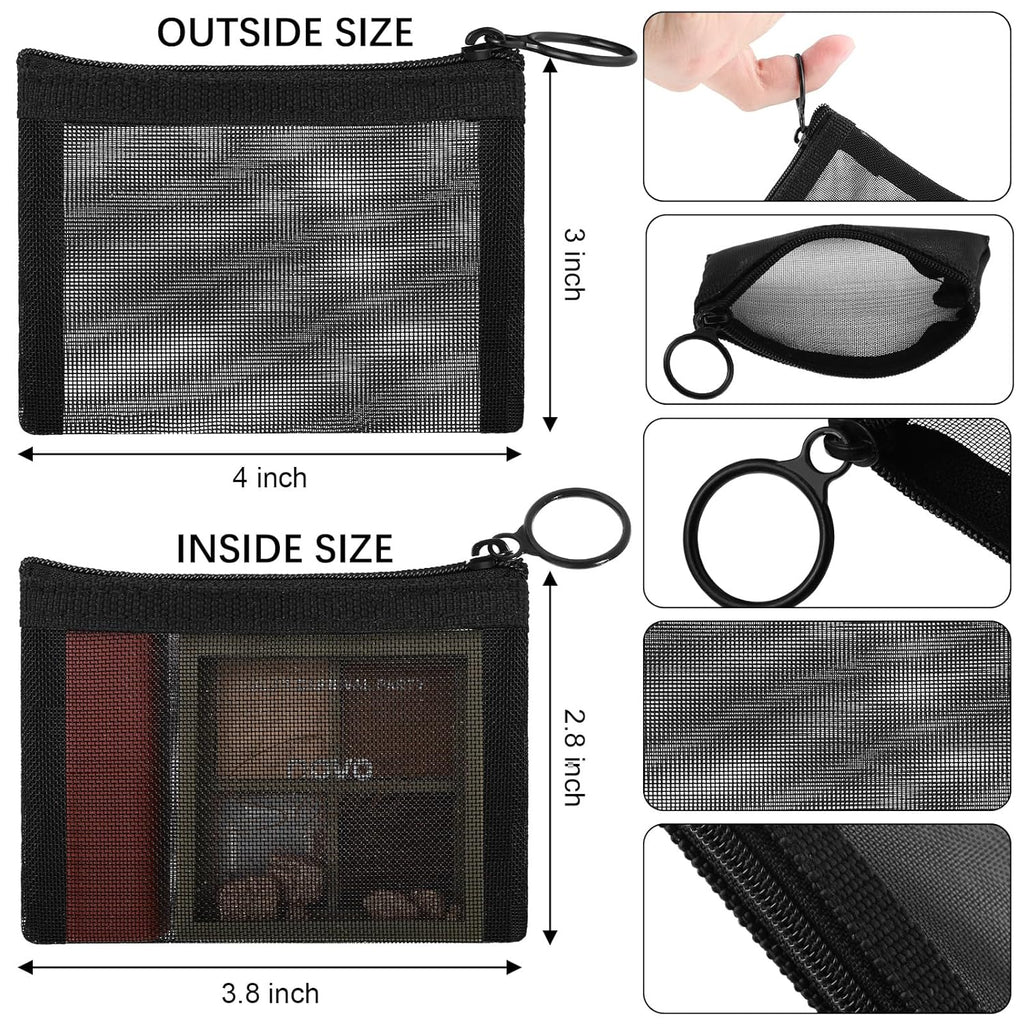 Frienda 10 Pcs Small Mesh Bags with Zipper Mini Zipper Mesh Bags Nylon Cosmetic Coin Purse Pouches Portable Reusable Storage Pouch with Keychain for Women Home Travel(3 x 4 Inch,Black)