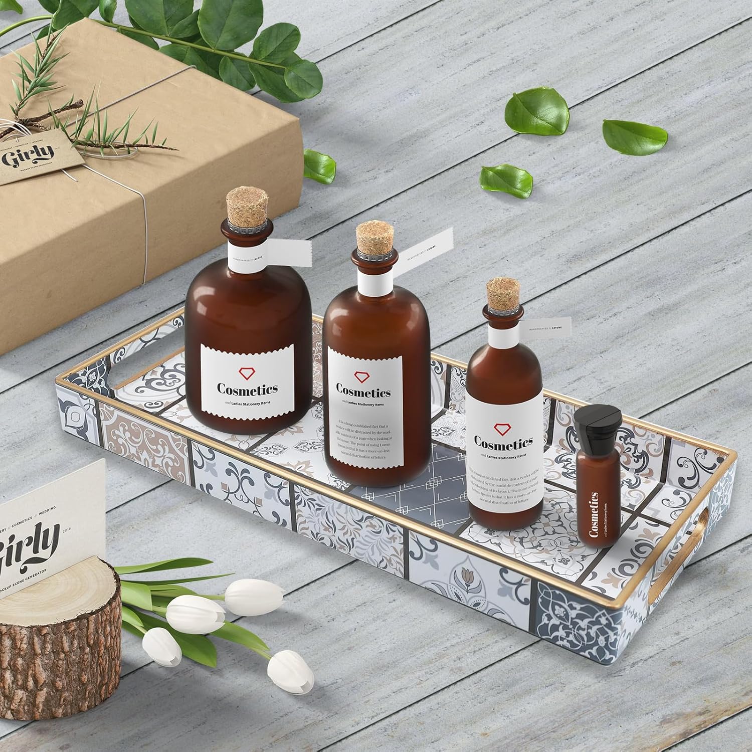 Bathroom Vanity Tray for Countertop, Small Plastic Toilet Tank Tray Versatile Storage & Organization Tray for Makeup, Perfume, Desk, Kitchen, Candles, 13.7"x6"x1.4", 35Boho3