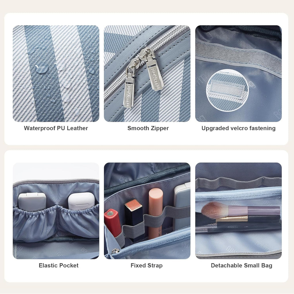 BOYATU Travel Makeup Bag for Women: Large Cosmetic Bag Set of 3 - PU Leather Make up Bag with Compartments - Compact Waterproof Toiletry Bag with Divider & Handle (A-02Blue)