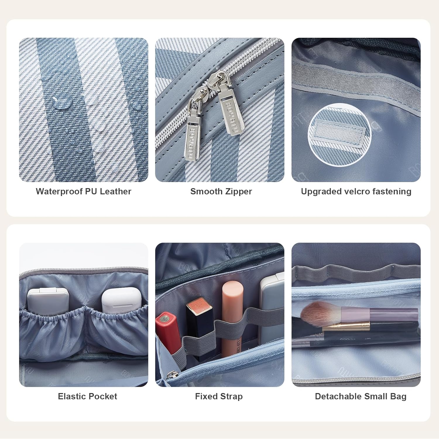 BOYATU Travel Makeup Bag for Women: Large Cosmetic Bag Set of 3 - PU Leather Make up Bag with Compartments - Compact Waterproof Toiletry Bag with Divider & Handle (A-02Blue)