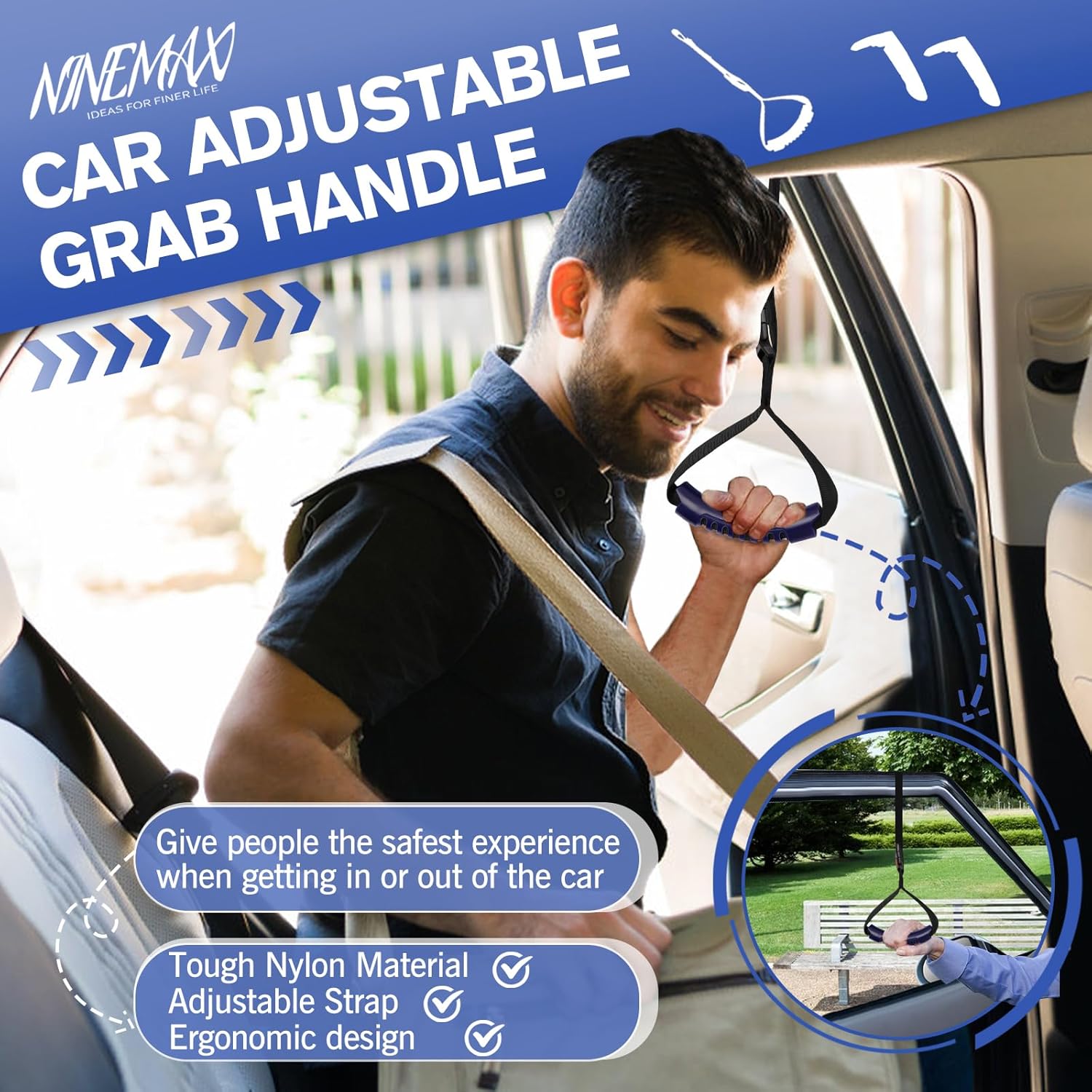 NINEMAX Car Door Handle for Elderly Car Handle Assist Support, Auto Grab Handles, Portable Car Door Cane for Seniors, Handicap (1 pc with Strap)