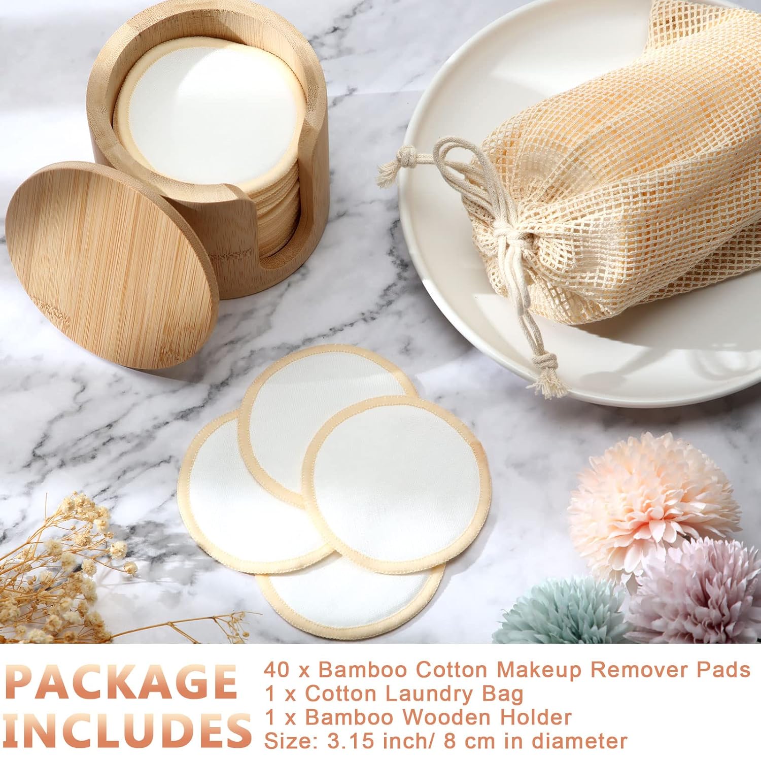 Foaincore 40 Pcs Reusable Makeup Remover Pads with Mesh Laundry Bag Washable Bamboo Cotton Rounds Soft Reusable Face Pad for Toner Skin Types with Bamboo Holder(White, Tan)