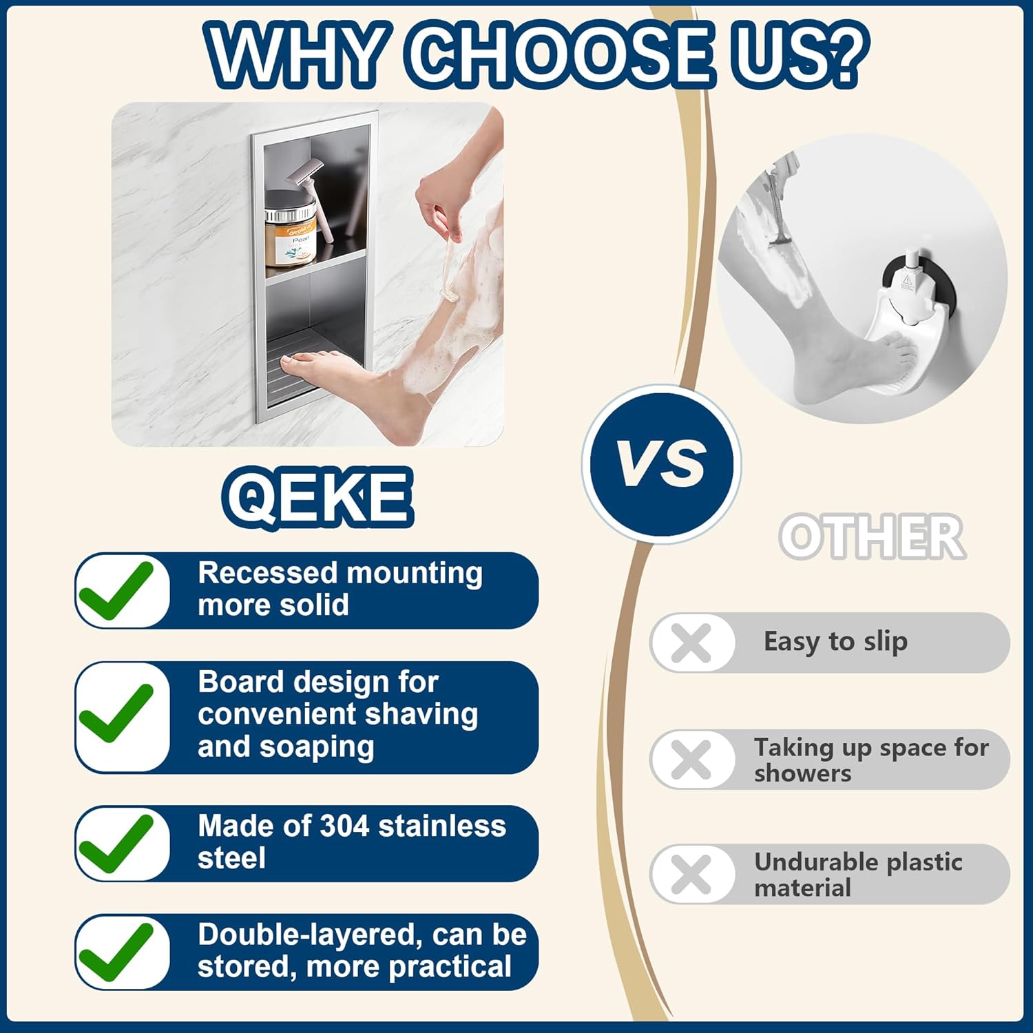 Shower Foot Rest for Shaving Legs, 304 Stainless Steel Footrest Niche With Holder, Recessed Shower Niche, Brushed Nickel, 5.9" X 12.3"