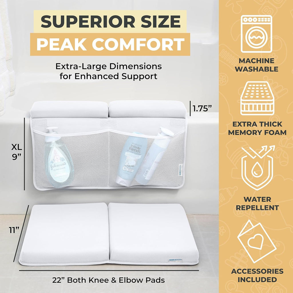 Bath Kneeler and Elbow Rest Pad, Extra Thick Baby Bath Kneeling Pad and Elbow Pad for Bathtub. Bath Tub Elbow Pad with Infant Toy and Baby Accessories Organizer, Off White Color