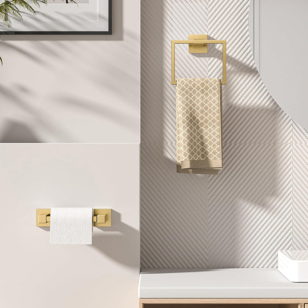 FORIOUS Toilet Paper Holder Set Wall Mount, SUS 304 Stainless Steel Pivoting Toilet Paper Holder and Towel Ring, Hand Towel Holder Set for Bathroom, Square Bathroom Hardware Set, Brushed Gold