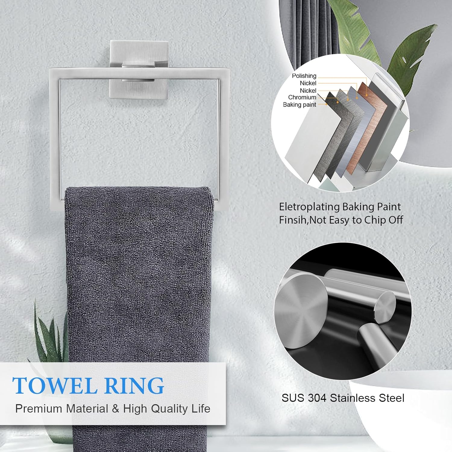 Brushed Nickel Bathroom Towel Bar Set Bathroom Accessories Hardware Set Including Double Towel Bar Towel Ring Coat Hook and Toilet Paper Holder with Shelf. Wall Mounted Stainless Steel