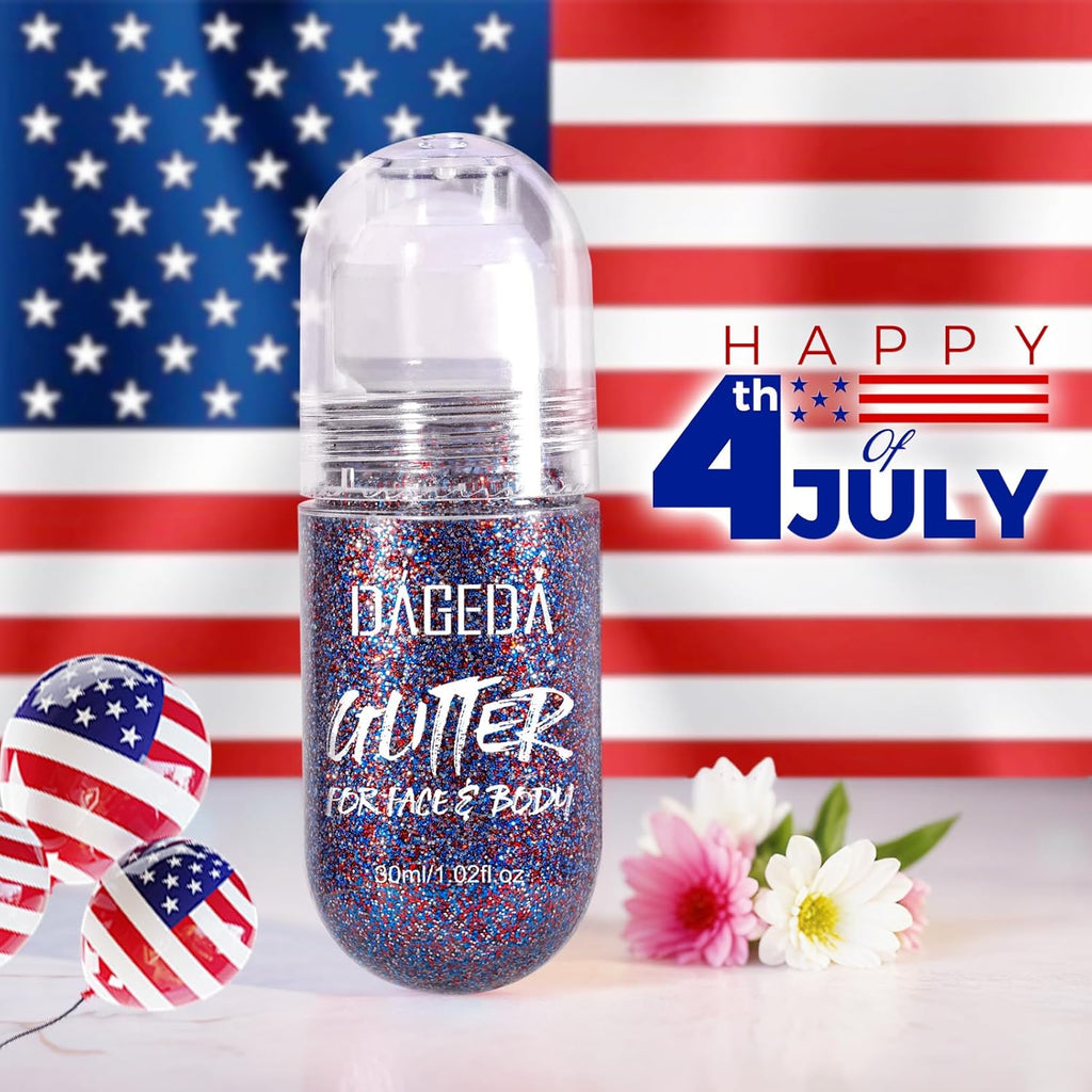 DAGEDA Red White and Blue Body Glitter Gel, Roll-on Face Glitter for USA Pride Day, 4th of July Women Costume Accessories,Patriotic Glitters President's Day, Holographic Festival Makeup