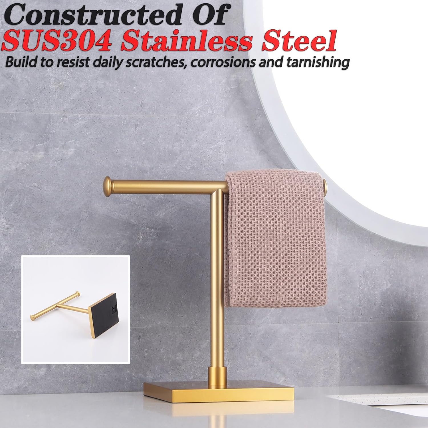 GERZWY SUS 304 Stainless Steel Towel Ring Gold Hand Towel Holder Standing Tree Rack for Bathroom Vanities Countertop DZY011-BE