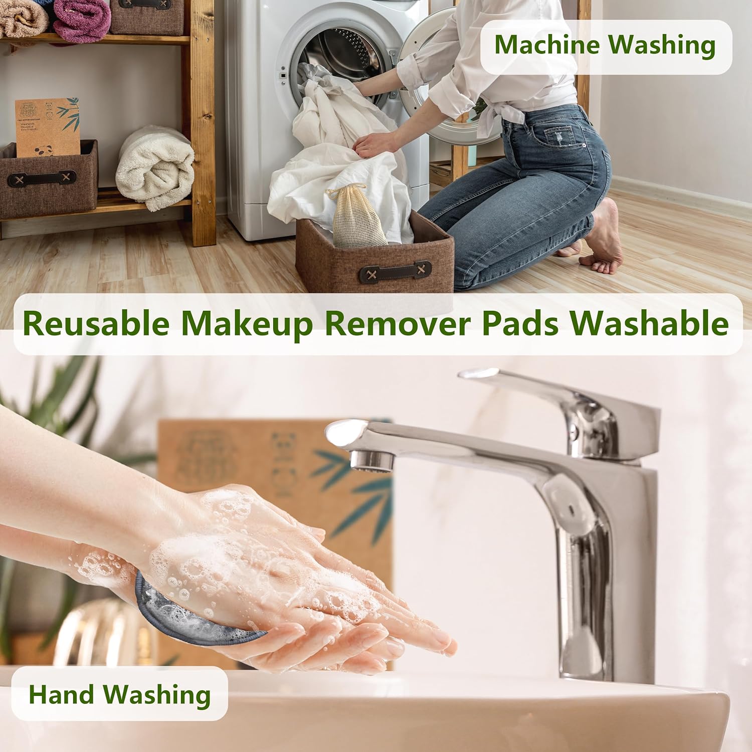 Reusable Bamboo Makeup Remover Pads | 20Pcs Natural Bamboo Reusable Cotton Rounds Makeup Removal Pad| Soft Makeup Remover Set with Bamboo Holder Laundry Bag Headband, Black and Gray