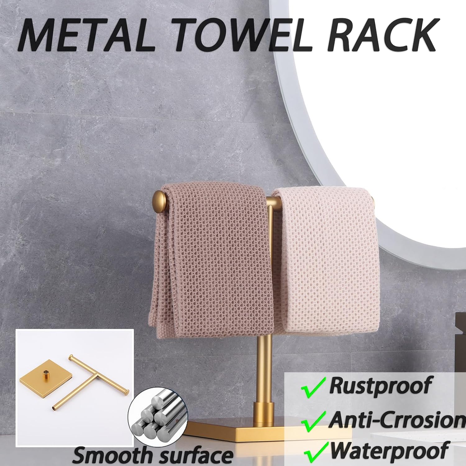 GERZWY SUS 304 Stainless Steel Towel Ring Gold Hand Towel Holder Standing Tree Rack for Bathroom Vanities Countertop DZY011-BE