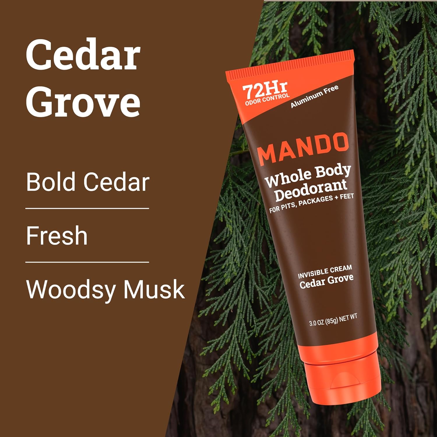 Mando Whole Body Deodorant For Men - Invisible Cream - 72 Hour Odor Control - Aluminum Free, Baking Soda Free, Skin Safe - 3 Ounce Tube (Pack of 2) - Cedar Grove