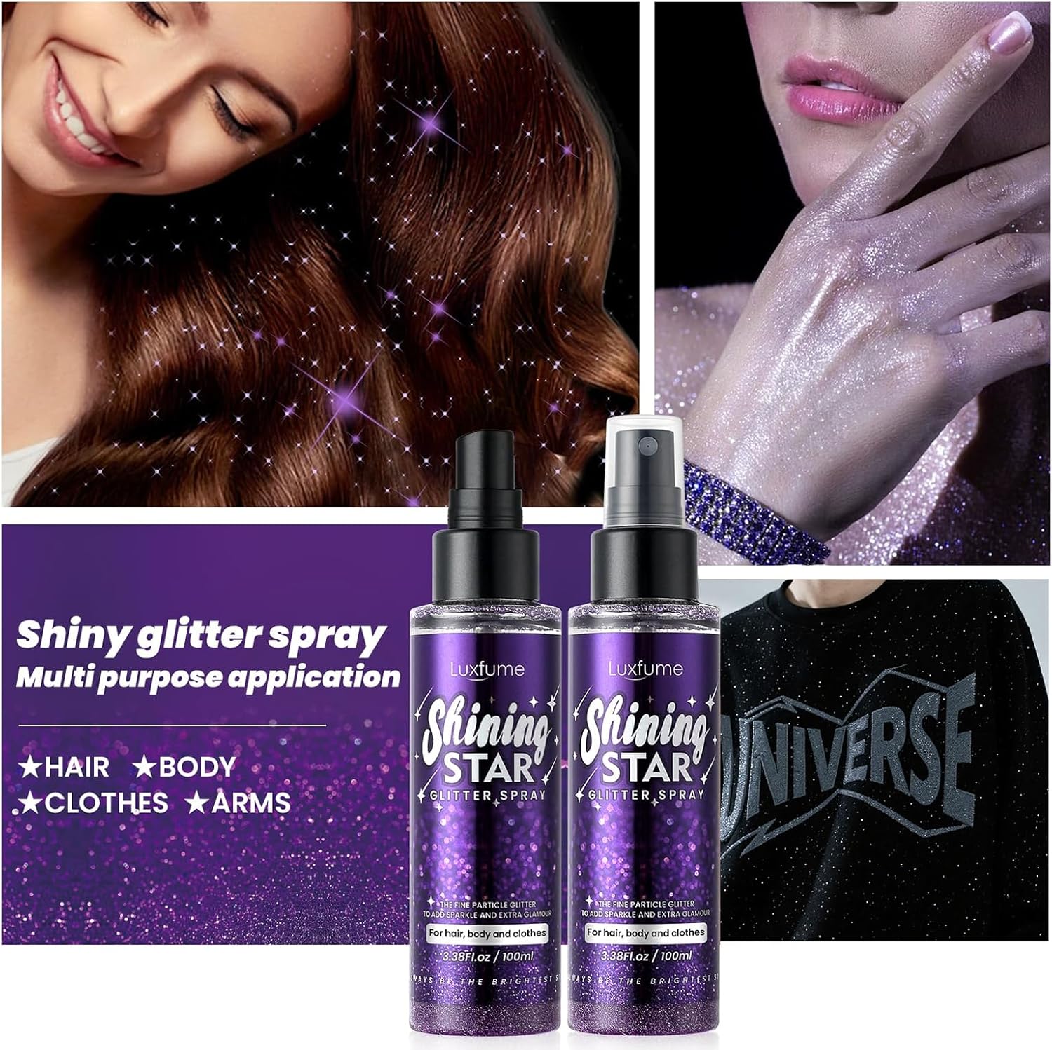 Body Glitter Spray, Glitter Hairspray, Purple Body Glitter Spray, Quick-Drying and Waterproof Glitter Hairspray, Nozzles are not Easily clogged, Long-Lasting Body Shiny for Stage Makeup, 3.38Oz