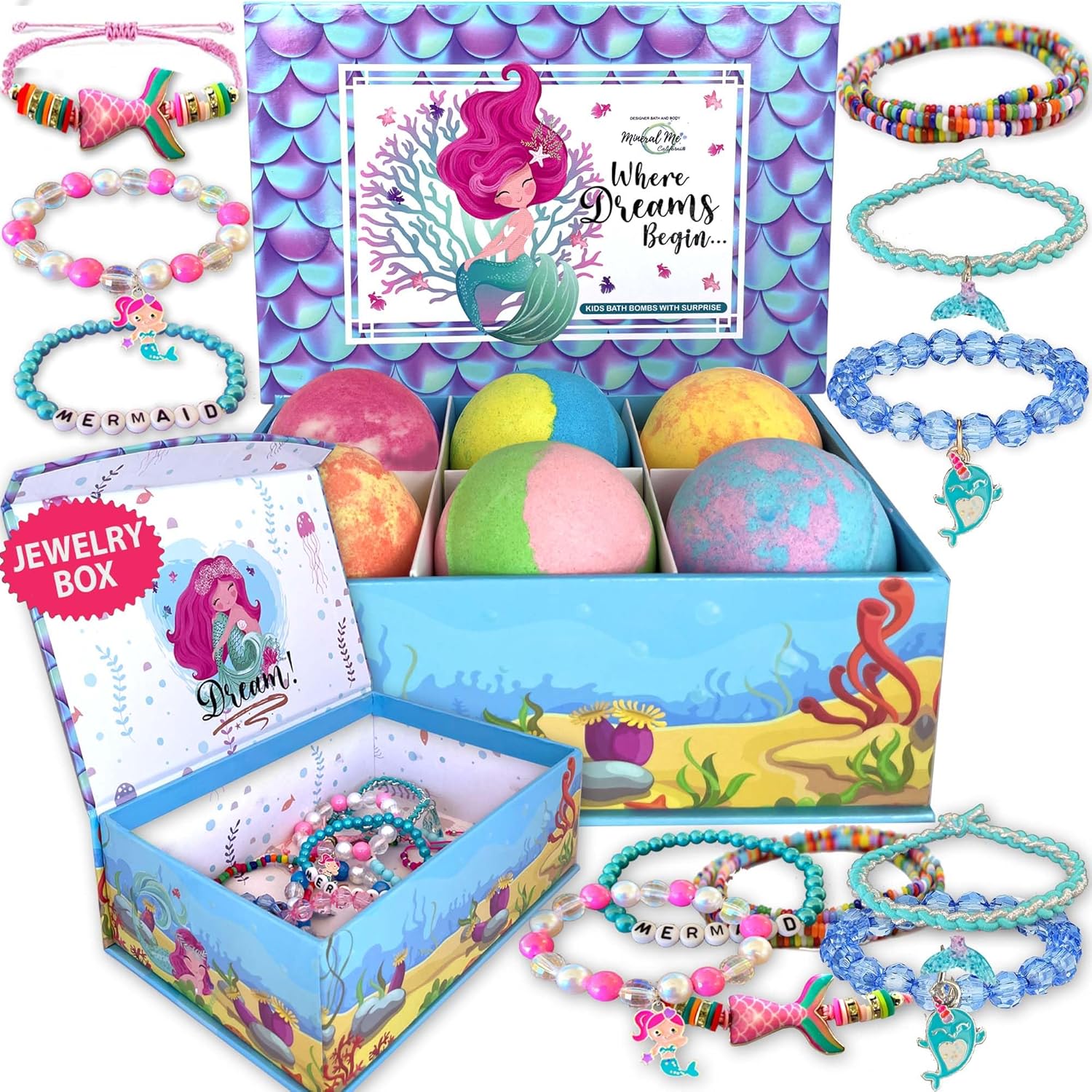 Bath Bombs for Kids with Surprise Inside, Mermaid Bath Bombs for Girls with Jewelry & Jewelry Box for Kids Organic, Skin Moisturizing, Natural Bubble, Birthday Gifts for Boys, Girls
