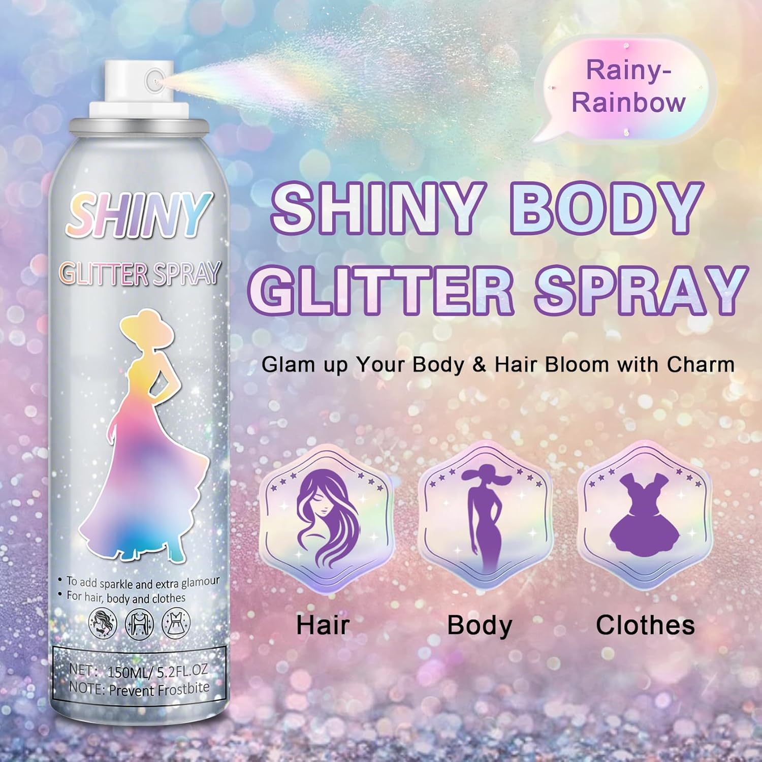 Body Glitter Spray,150ML Glitter Hairspray,Long-Lasting and Quick-Drying,Shimmer Spray for Kids Women,Suitable for Festival Music Concert Party,4.2 Fl Oz (Rainy-Rainbow)