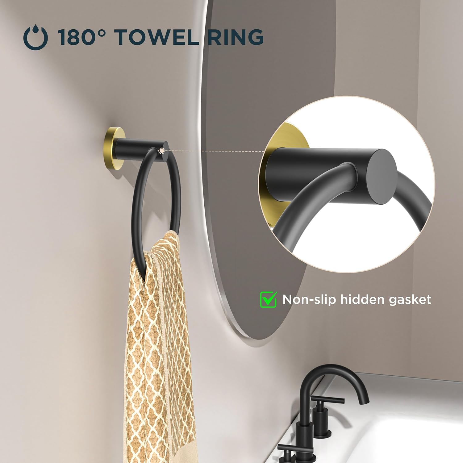 FORIOUS Toilet Paper Holder Wall Mount, SUS304 Stainless Steel Double Post Pivoting Tissue Roll Holder and Hand Towel Ring Set for Bathroom, RV, Bathroom Hardware Accessories Set, Black Gold