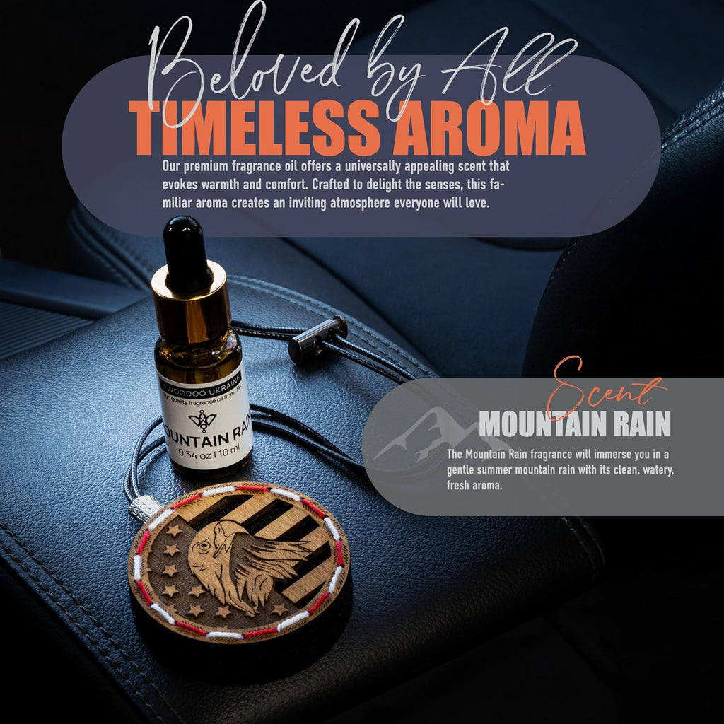 Wood Car Air Freshener — Handcrafted Air Freshener — American Flag Hanging Fragrance Oil Diffuser in Wooden Gift Box — Christmas Gift for Car with Mountain Rain Fragrance Oil - 10 ml