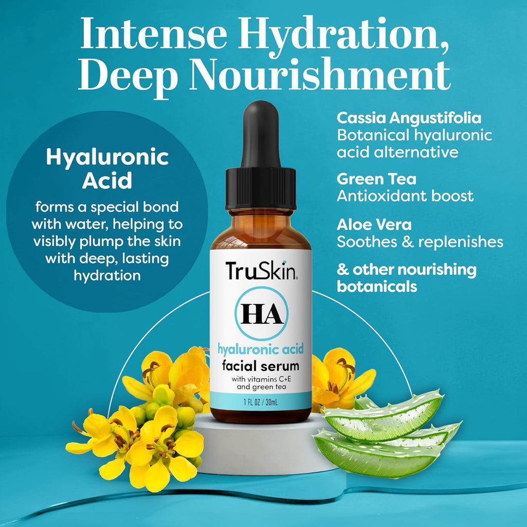 TruSkin Hyaluronic Acid Serum for Face + 7 Ultra Hydrating Ingredients – Best Face Serum for Moisturizing, Visibly Plumping Skin & Smoothing the Look of Fine Lines, 1 fl oz