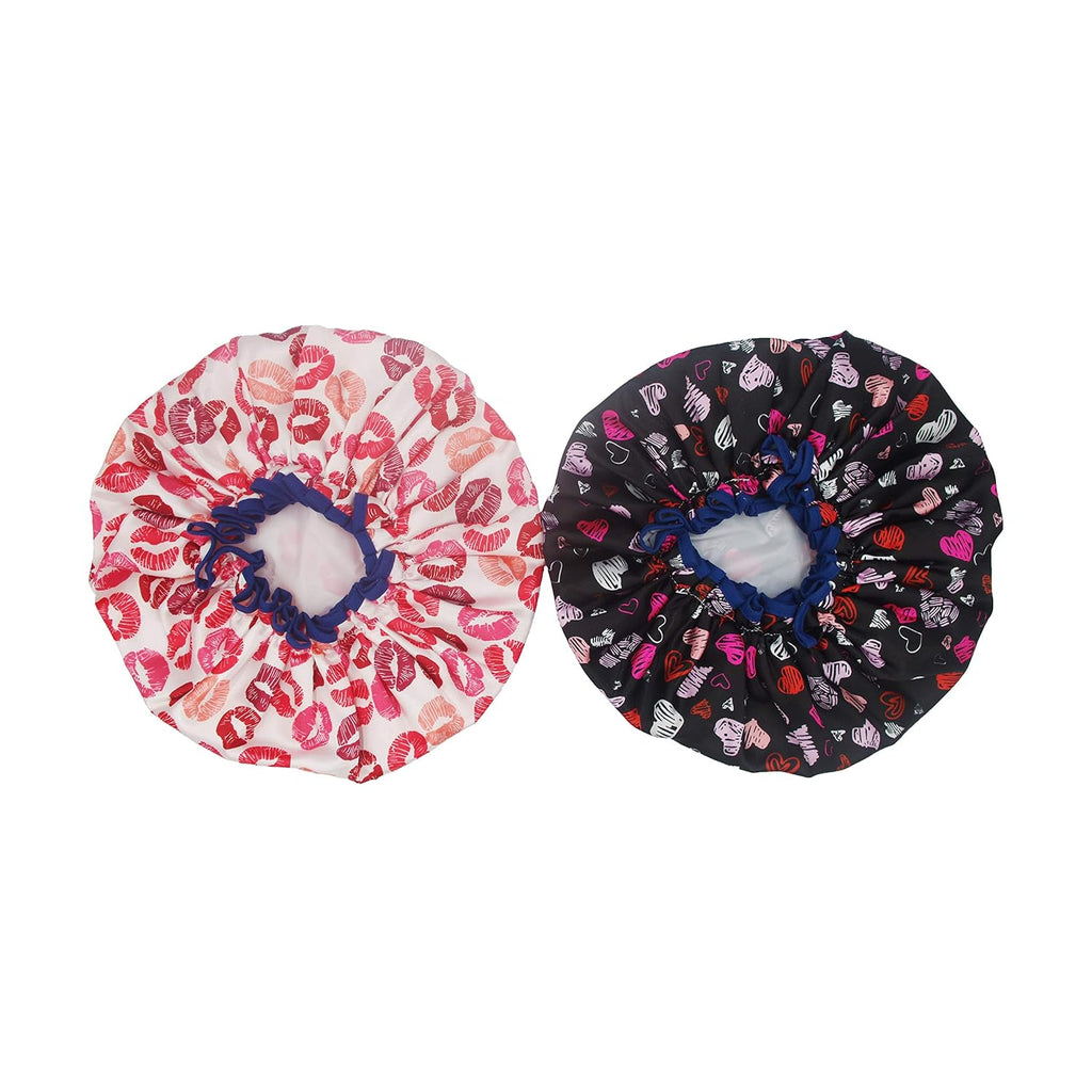 (2 Pack) Sexy Lovely Fashion Style Hair Cap Extra Large Double Layer Lined Waterproof Durable Eco-Friendly Shower Cap with Tight Elastic-Fashionista Collection Bath Cap (Lovely Style)
