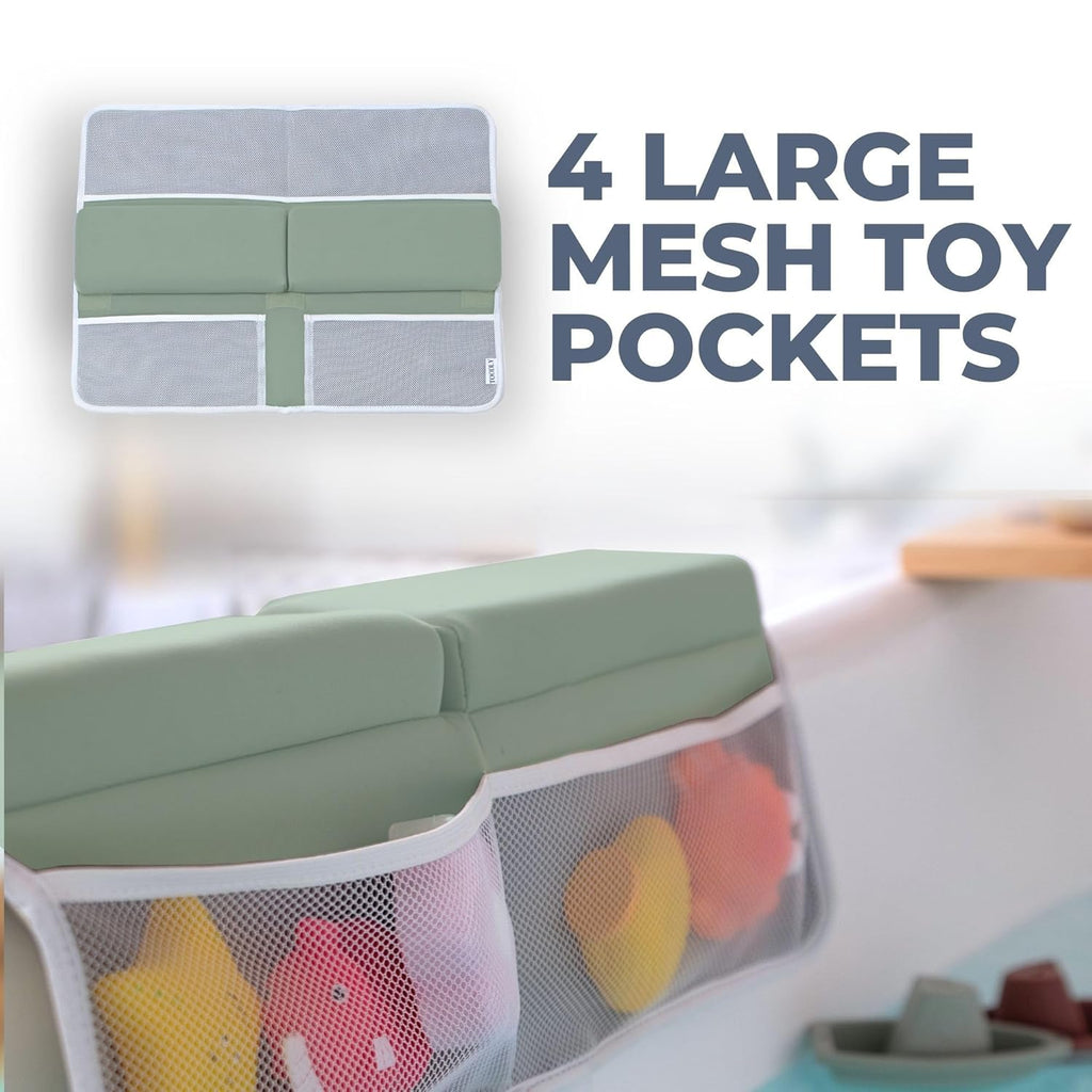 Comfortable Baby Bath Kneeler and Elbow Rest Pad Set – Thick Memory Foam Bath Kneeling Pad with Elbow Support – Baby Bathtub Cushion with Toy Organizer for Bathing Infant or Toddler - Green