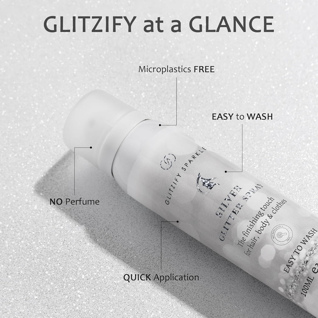 Sparkle Silver Shimmer Glitter Spray for Hair, Body & Clothes | Festival & Party Hair Spray | 100ML Eco-Friendly, Quick-Dry, Washable, Fragrance-Free with Sustainable Shine