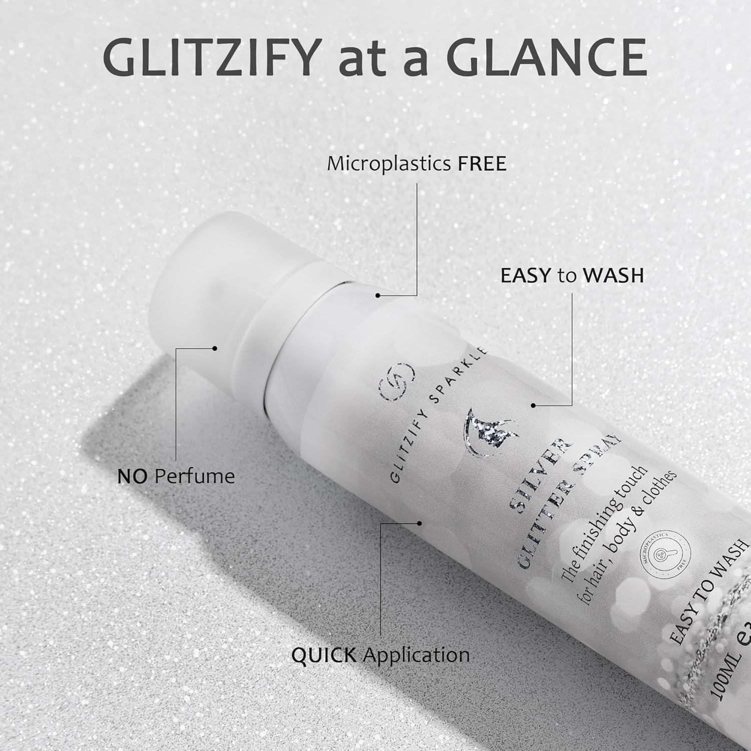 Sparkle Silver Shimmer Glitter Spray for Hair, Body & Clothes | Festival & Party Hair Spray | 100ML Eco-Friendly, Quick-Dry, Washable, Fragrance-Free with Sustainable Shine