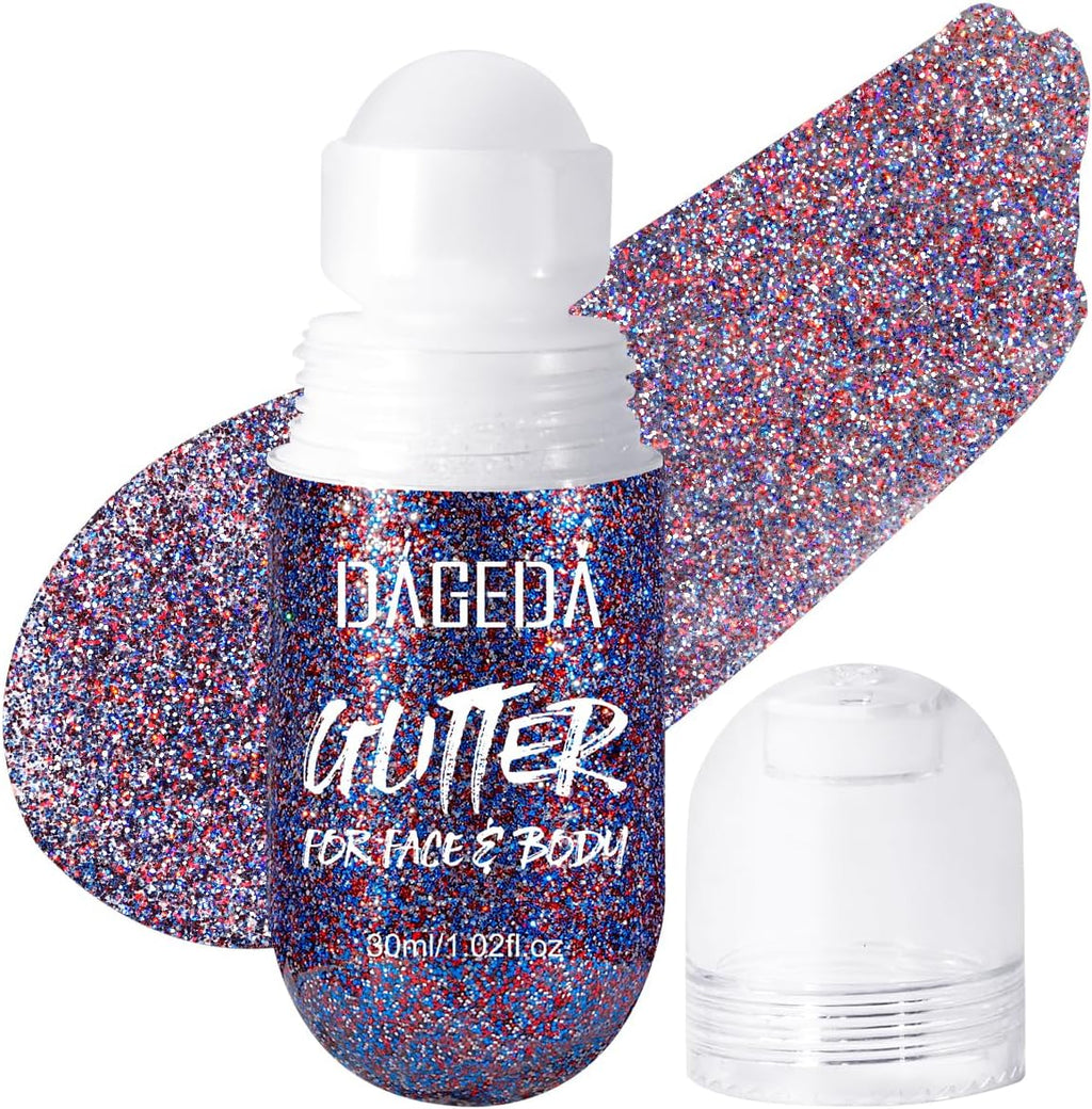 DAGEDA Red White and Blue Body Glitter Gel, Roll-on Face Glitter for USA Pride Day, 4th of July Women Costume Accessories,Patriotic Glitters President's Day, Holographic Festival Makeup