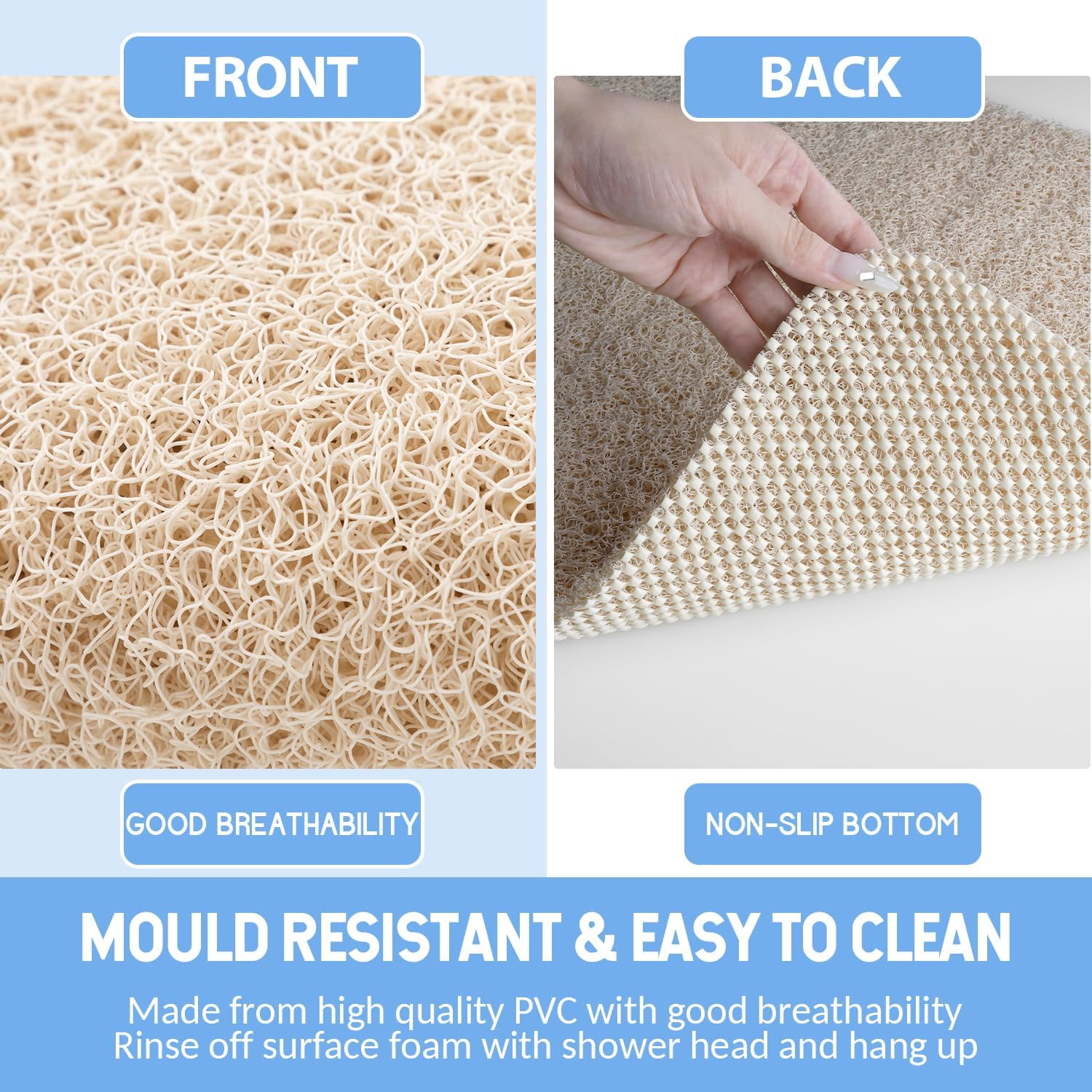 Non-Slip Bathtub Mat, 2 Pack Anti Slip Shower Mat, Fast Drying Bathtub Mats, Foot Scrubber Mat, Anti Slip Mat for Tub, Floor, Bathroom, Kitchen, Home, Hotel (Beige 59"×17.3")