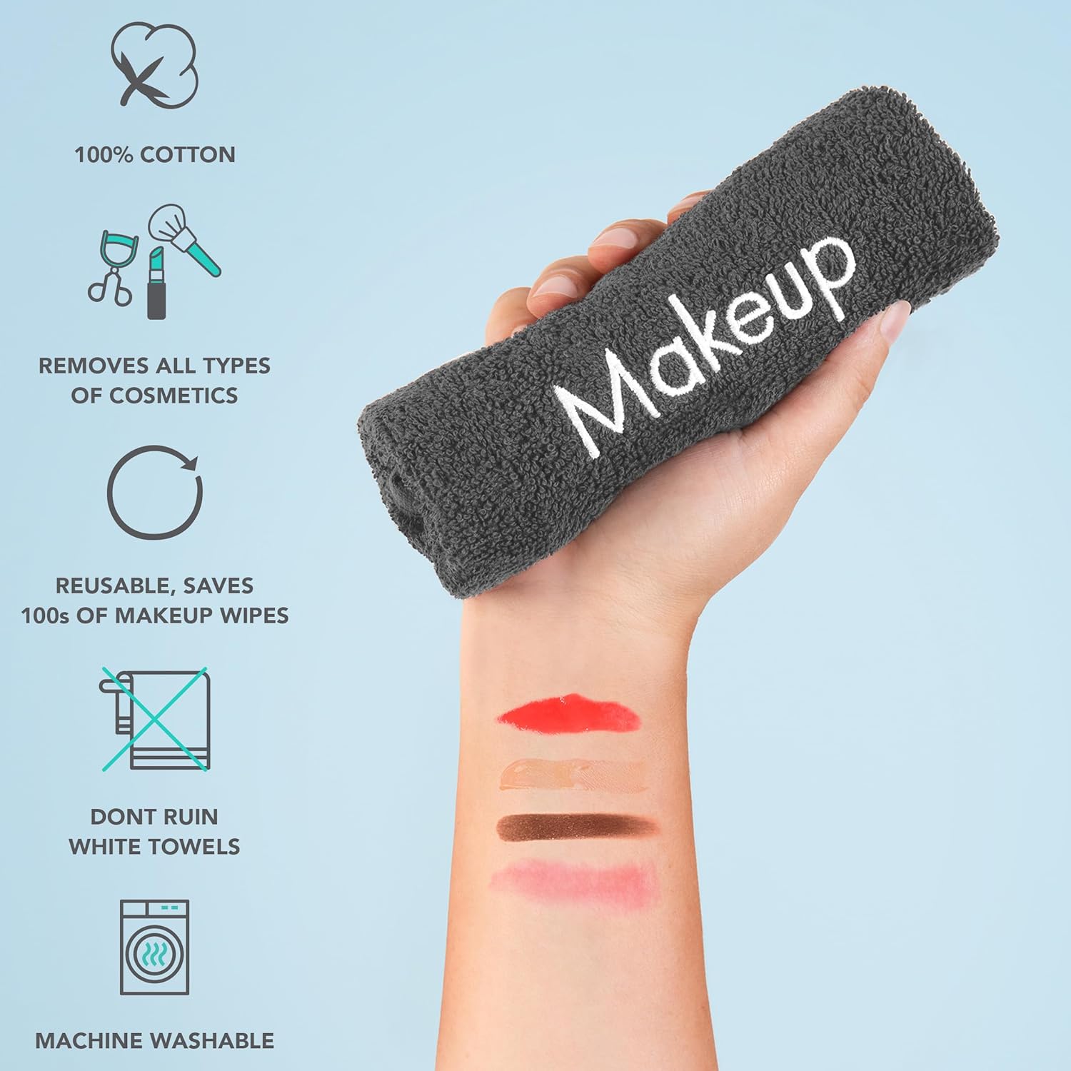 Arkwright Makeup Towels - Pack of 6 - Soft & Gentle Cotton Washcloth Face Make Up Remover, Reusuable Eraser Cloth Essentials for Hosts & Artists, 13 x 13 in, Grey